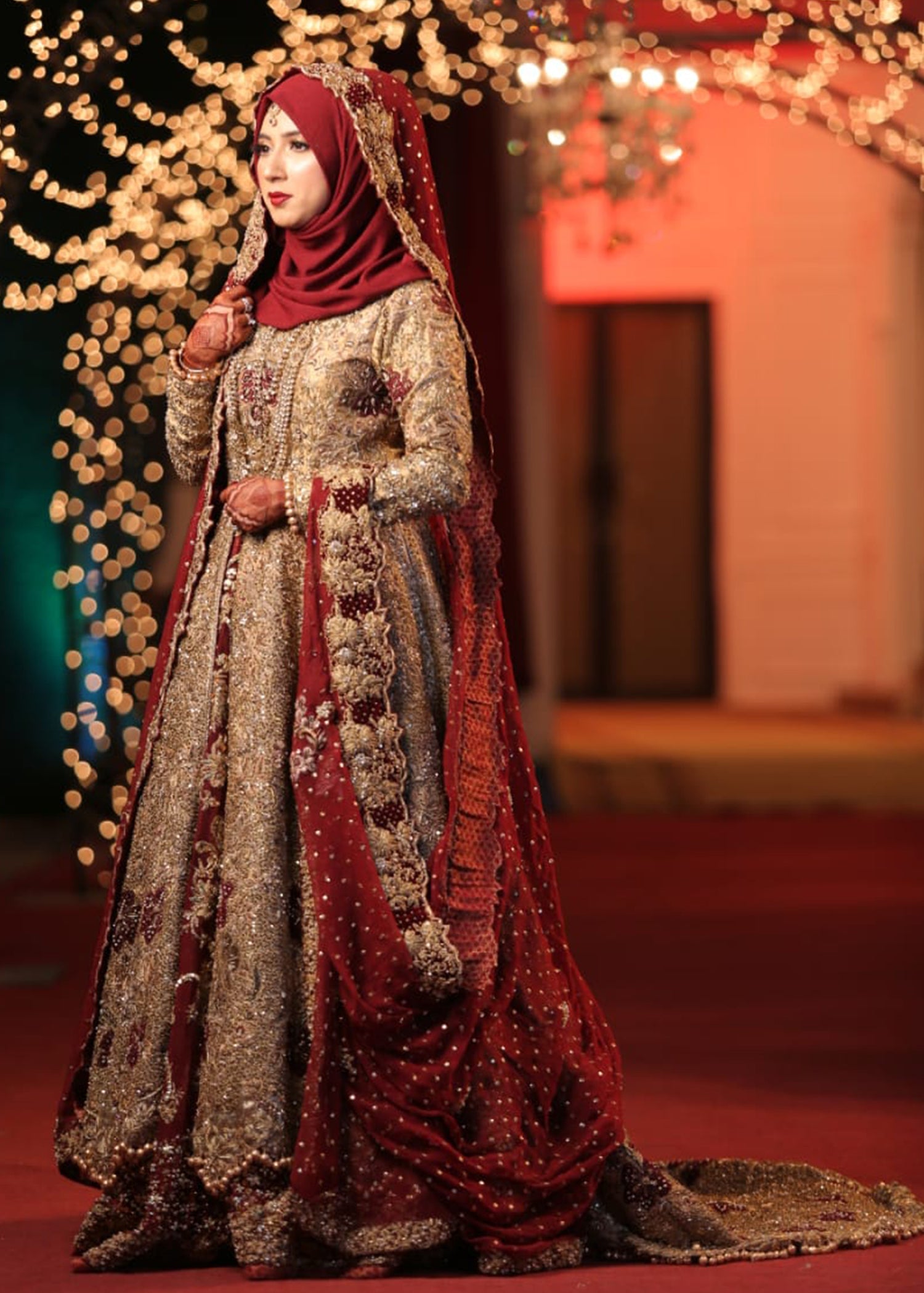 Deep Maroon Gold Embellished Silk Blend Bridal Lehenga (3-Piece) - Image 10