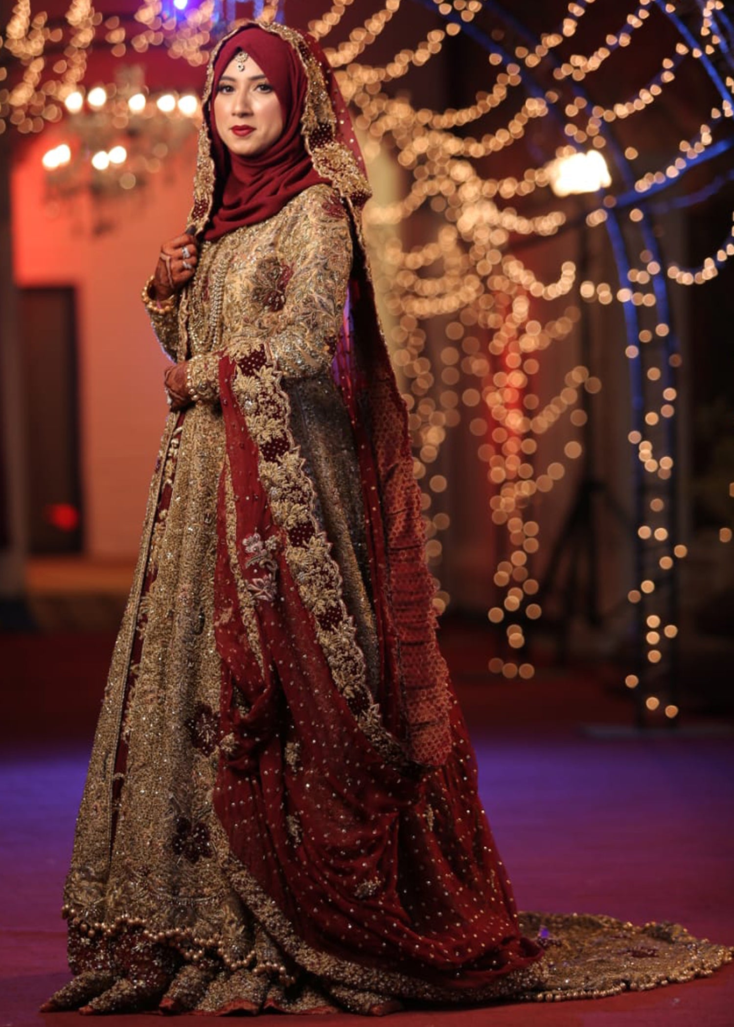 Deep Maroon Gold Embellished Silk Blend Bridal Lehenga (3-Piece) - Image 2