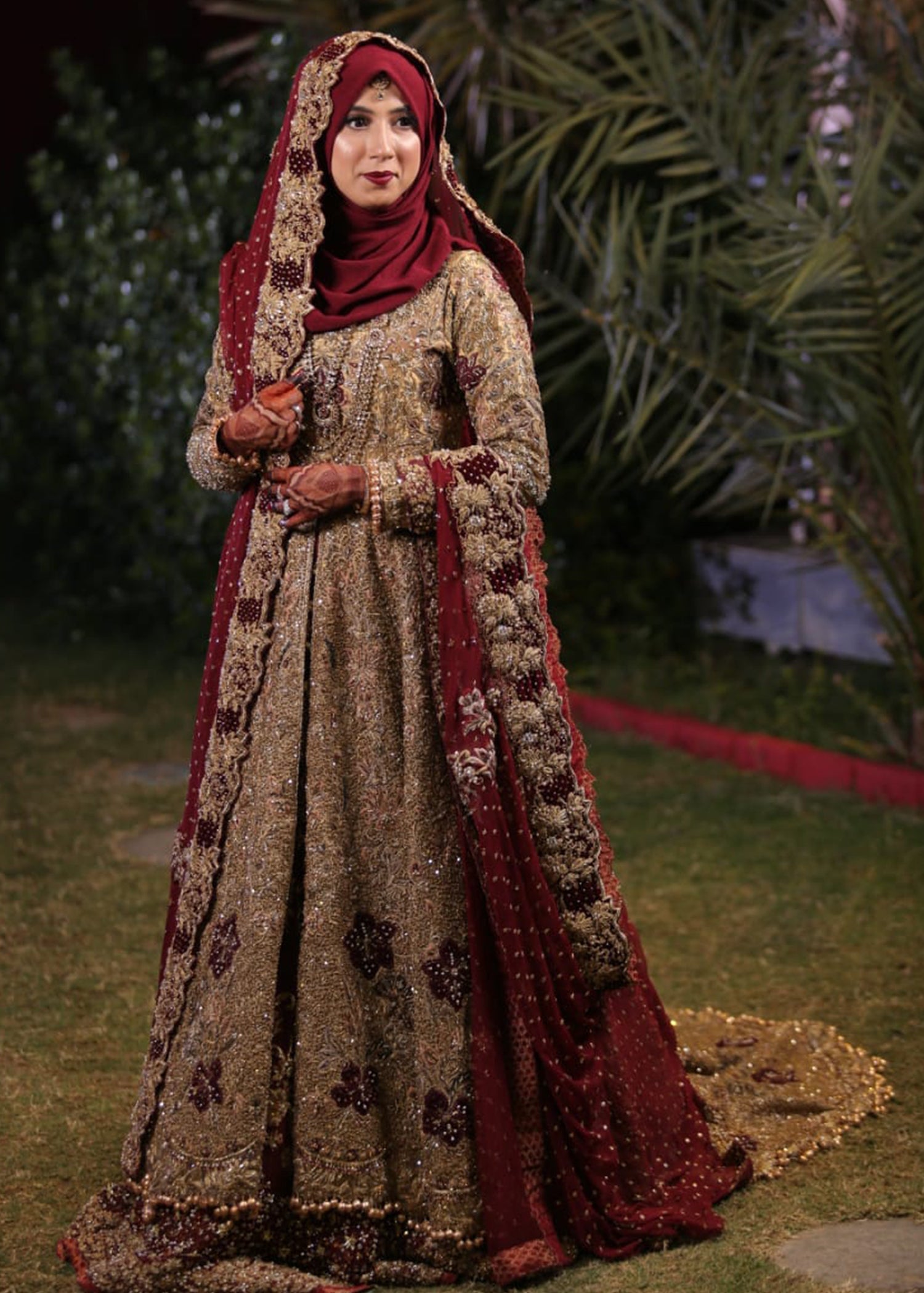 Deep Maroon Gold Embellished Silk Blend Bridal Lehenga (3-Piece) - Image 8