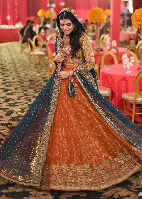Rust and Teal Embellished Silk Blend Bridal Lehenga (3-Piece) - Image 1