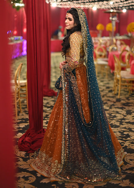 Rust and Teal Embellished Silk Blend Bridal Lehenga (3-Piece) - Image 3
