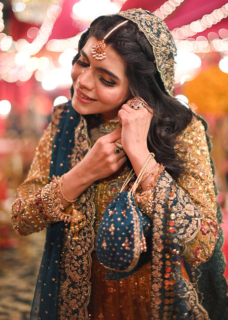 Rust and Teal Embellished Silk Blend Bridal Lehenga (3-Piece) - Image 4