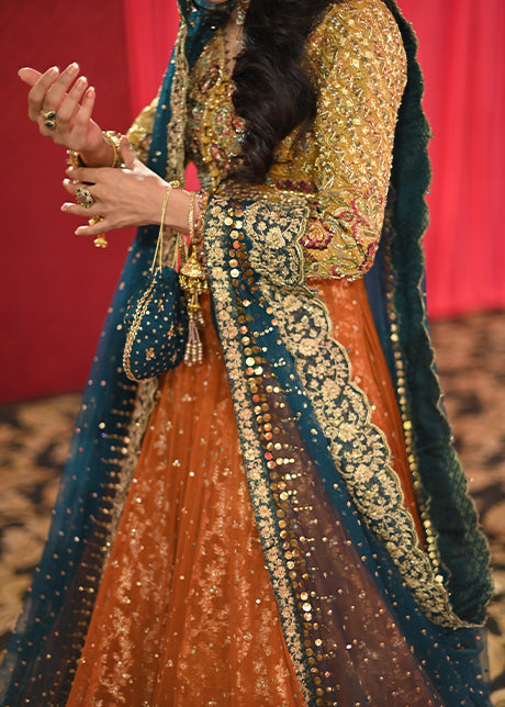 Rust and Teal Embellished Silk Blend Bridal Lehenga (3-Piece) - Image 5