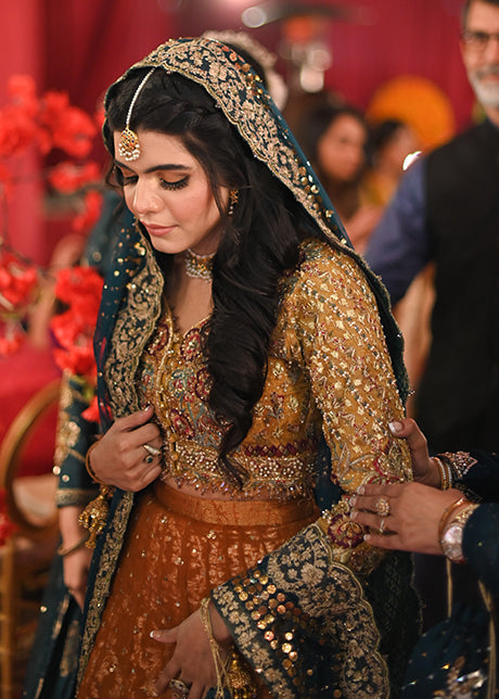 Rust and Teal Embellished Silk Blend Bridal Lehenga (3-Piece) - Image 6