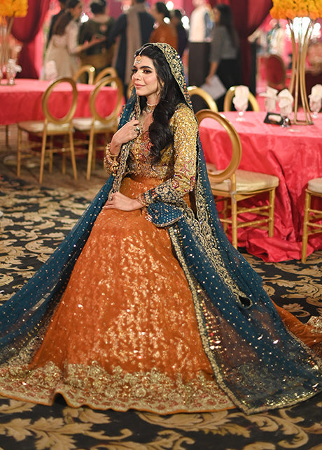 Rust and Teal Embellished Silk Blend Bridal Lehenga (3-Piece) - Image 7