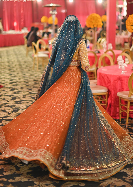 Rust and Teal Embellished Silk Blend Bridal Lehenga (3-Piece) - Image 8