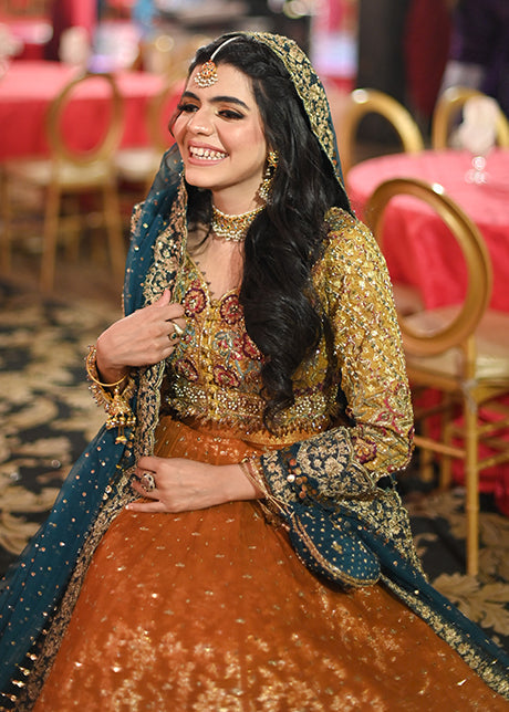 Rust and Teal Embellished Silk Blend Bridal Lehenga (3-Piece) - Image 9
