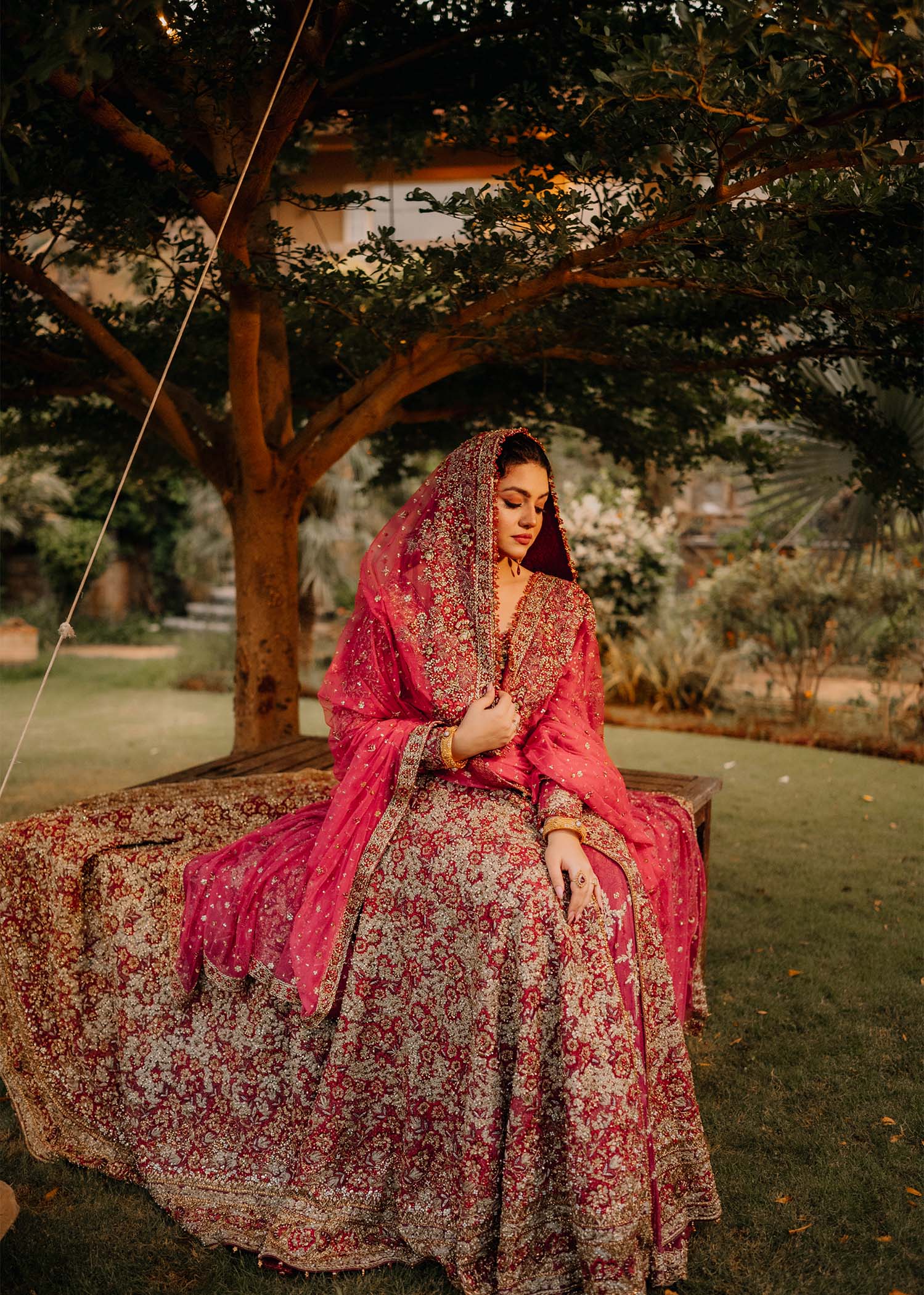 Deep Pink and Maroon Embroidered Silk Bridal Lehenga (3-Piece) - Image 1