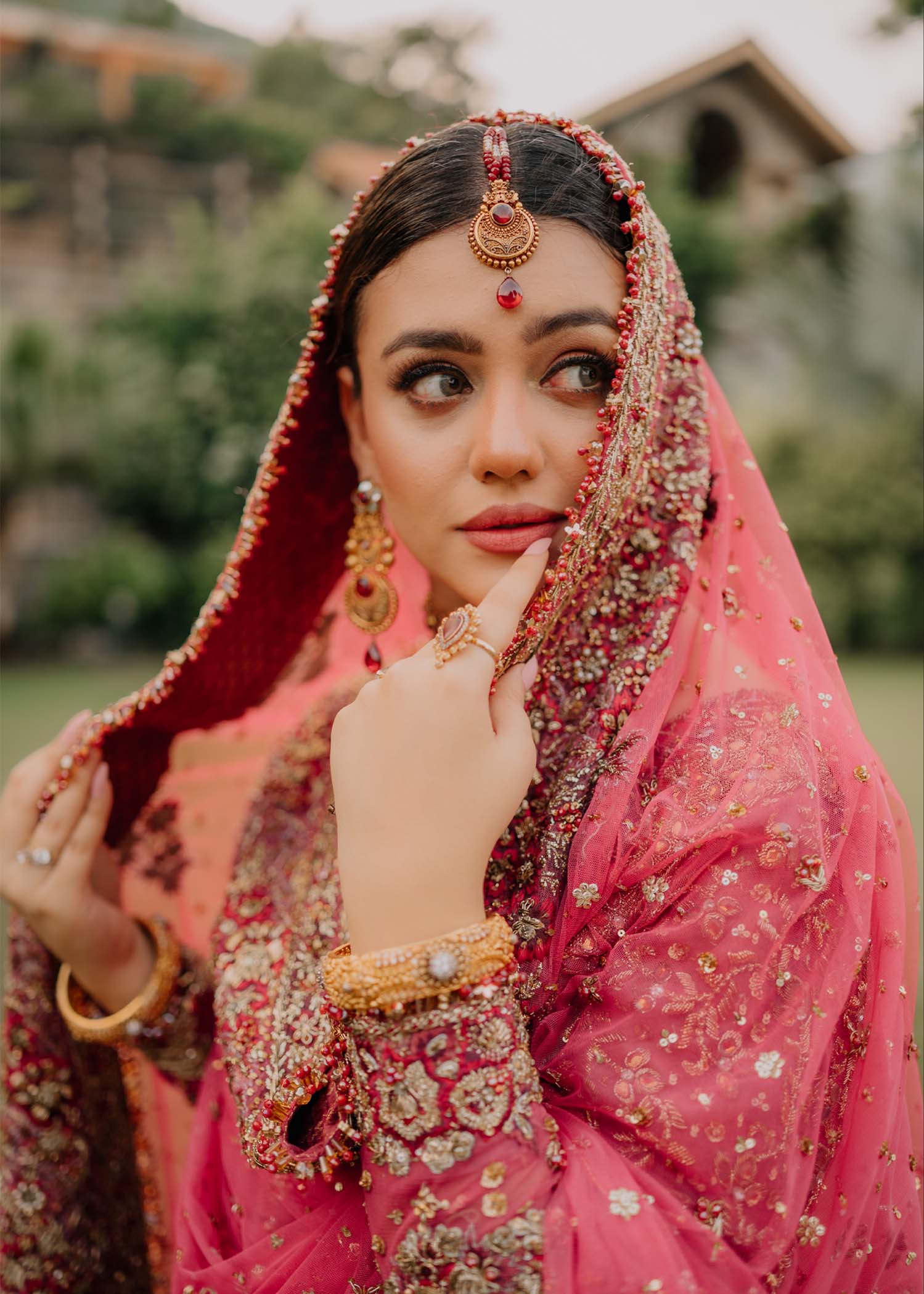 Deep Pink and Maroon Embroidered Silk Bridal Lehenga (3-Piece) - Image 2