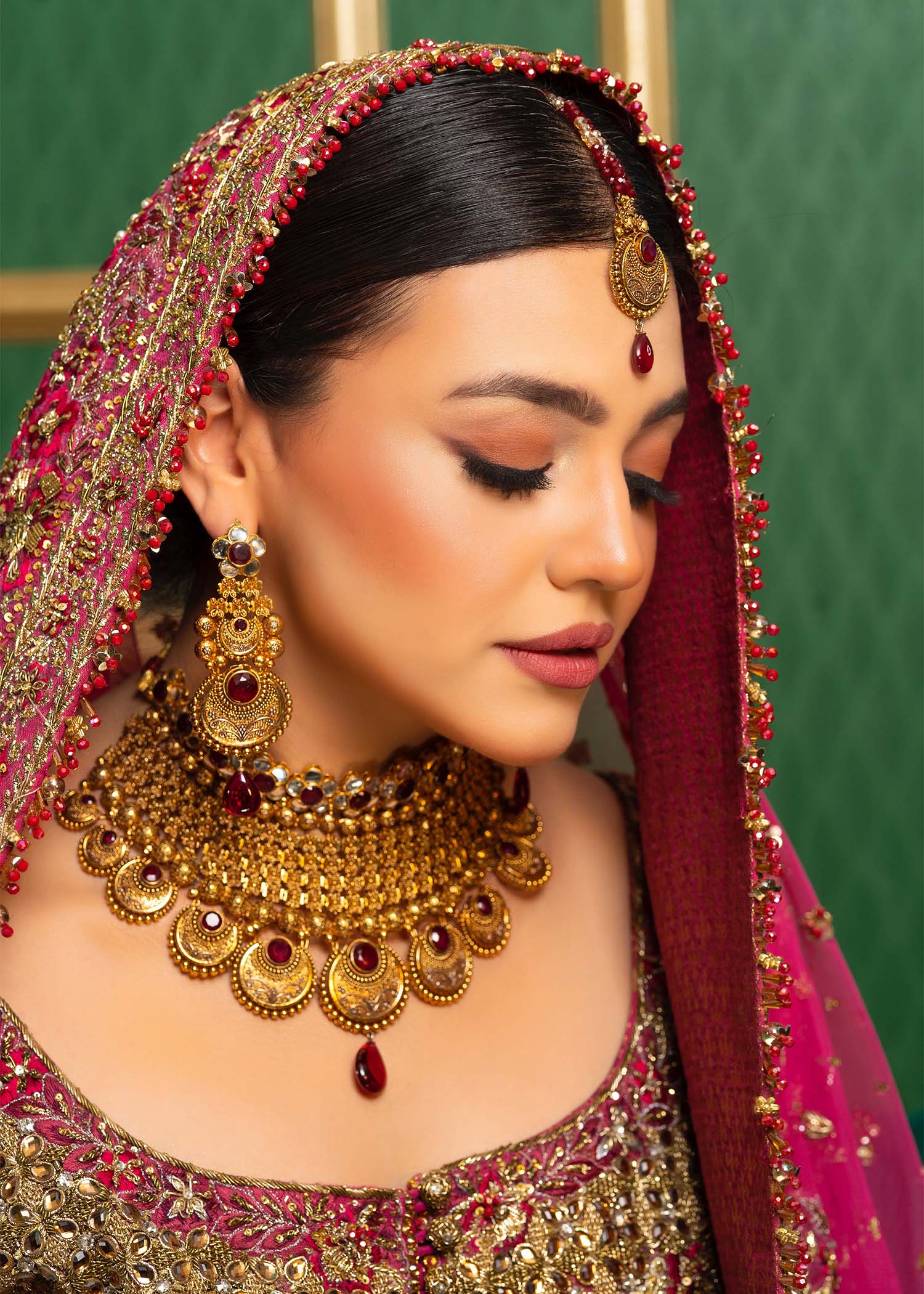 Deep Pink and Maroon Embroidered Silk Bridal Lehenga (3-Piece) - Image 3