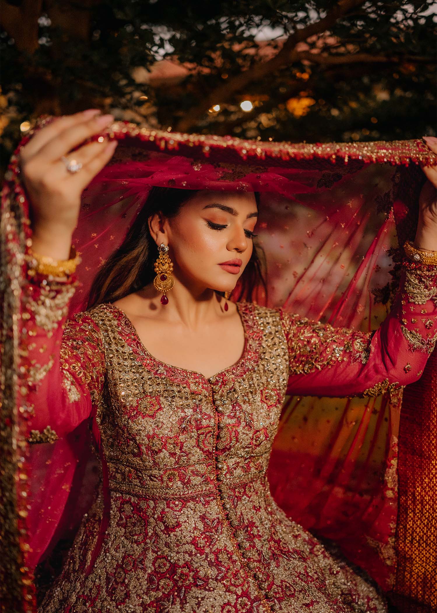 Deep Pink and Maroon Embroidered Silk Bridal Lehenga (3-Piece) - Image 6