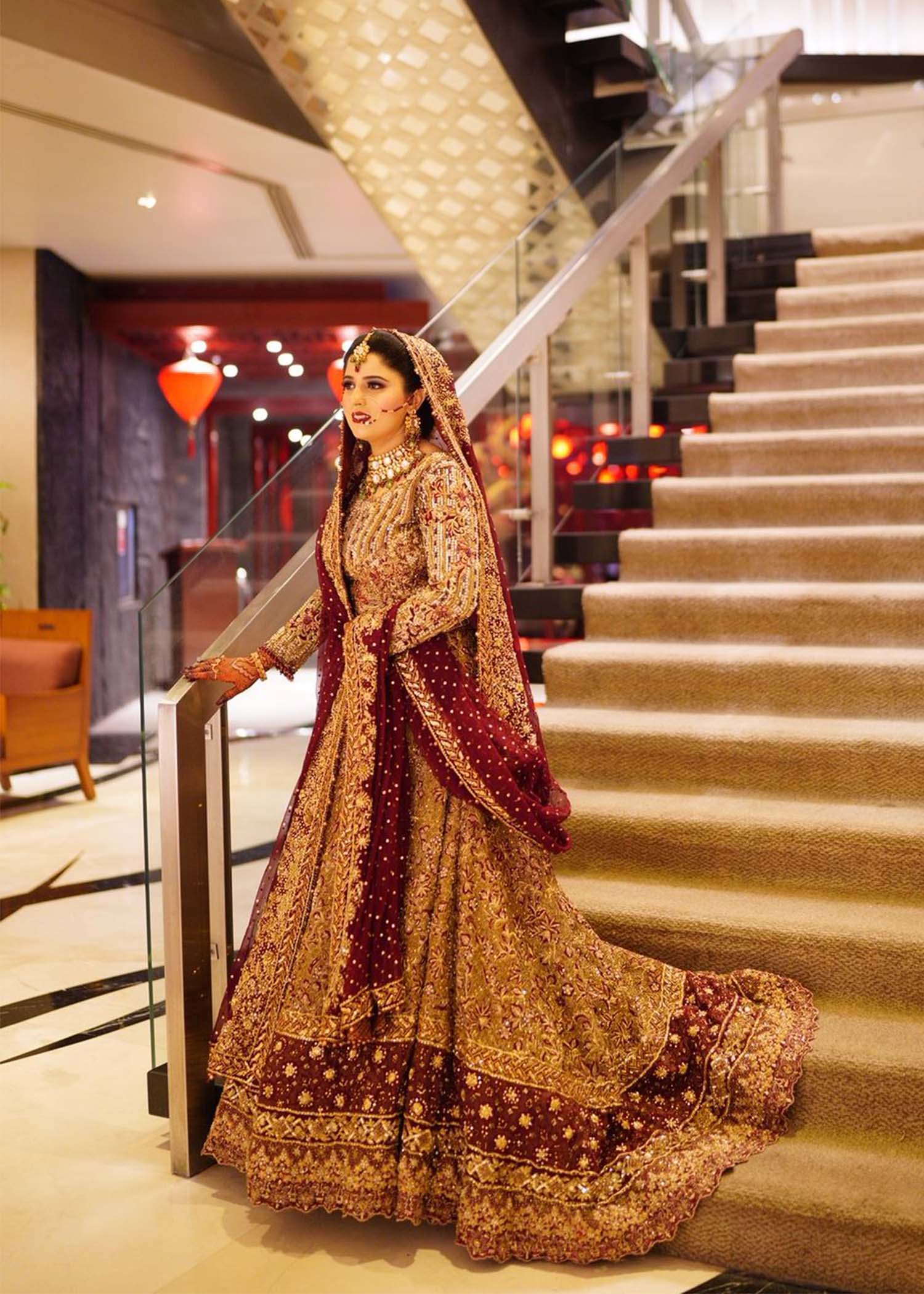 Pakistani Deep Maroon Zardozi Silk Blend Bridal Lehenga (3-Piece) - Image 1