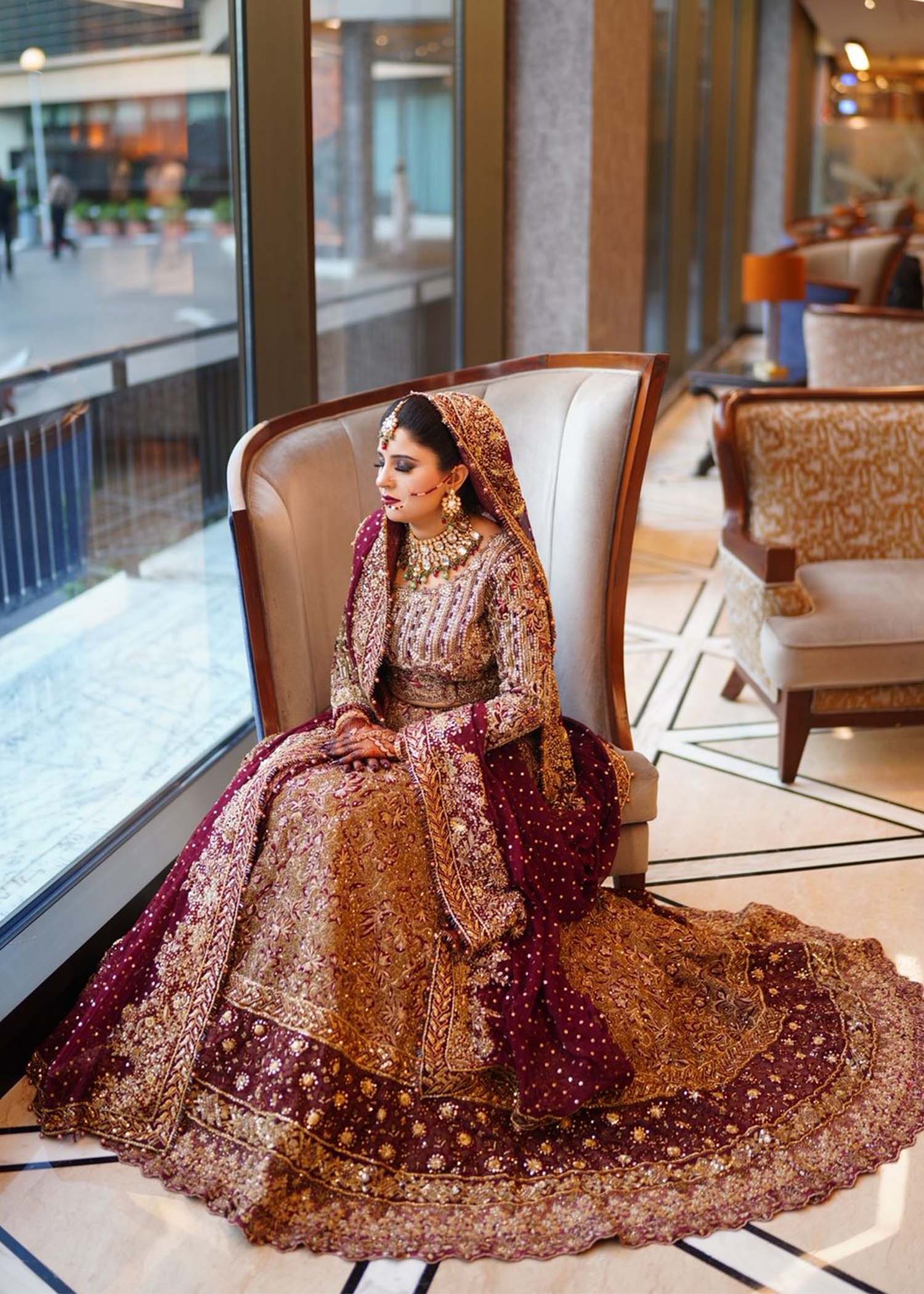 Pakistani Deep Maroon Zardozi Silk Blend Bridal Lehenga (3-Piece) - Image 2