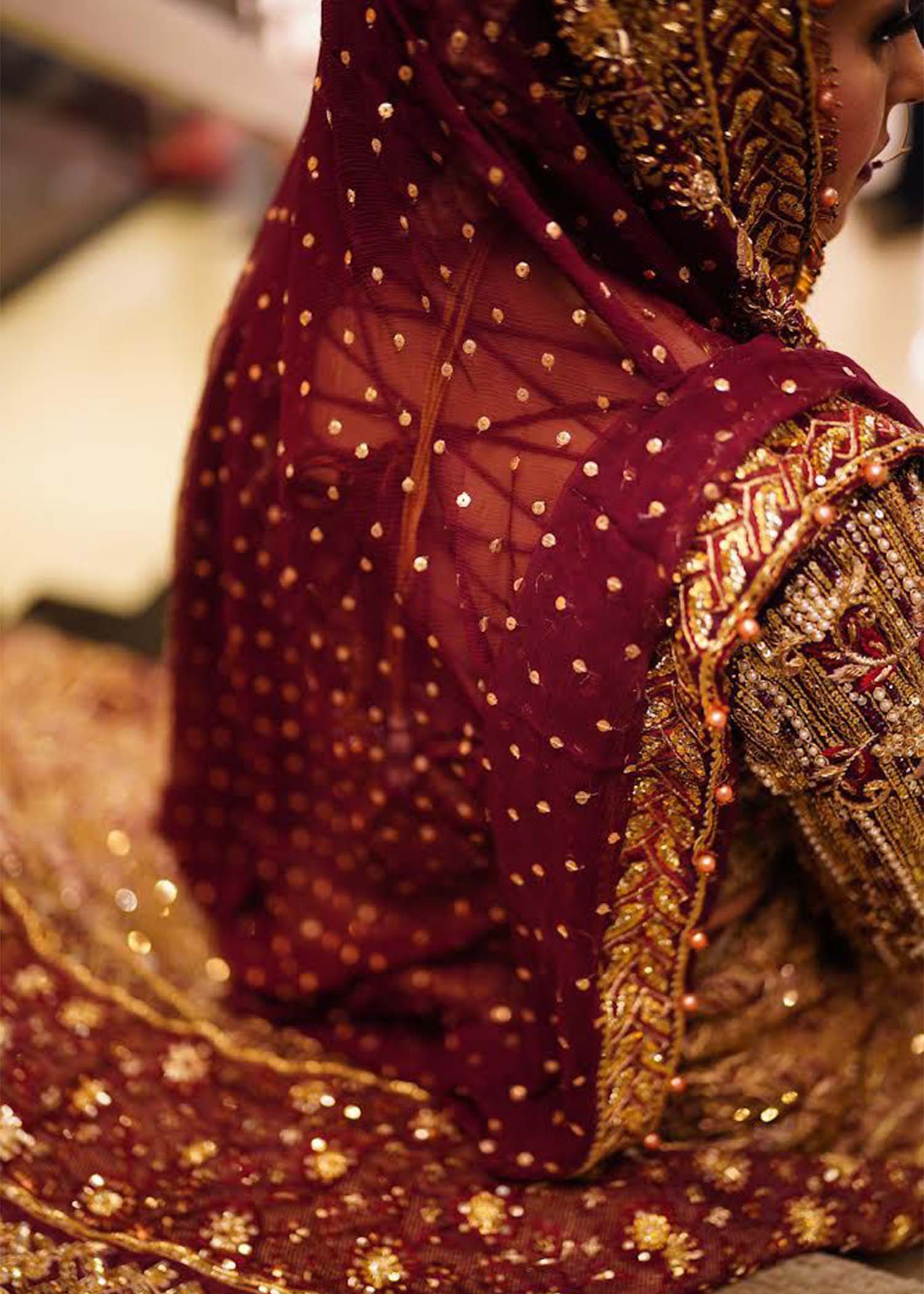 Pakistani Deep Maroon Zardozi Silk Blend Bridal Lehenga (3-Piece) - Image 3