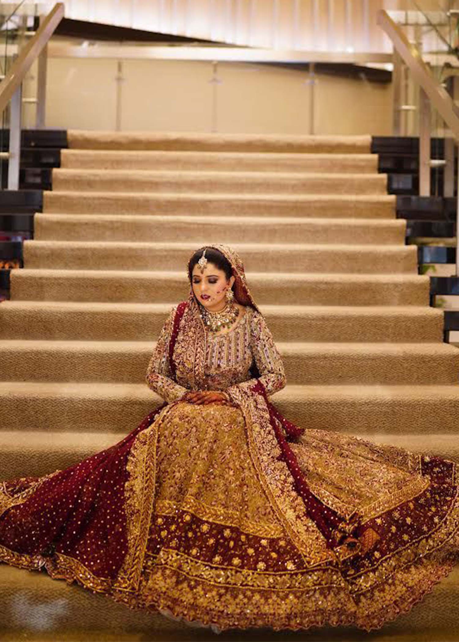 Pakistani Deep Maroon Zardozi Silk Blend Bridal Lehenga (3-Piece) - Image 4