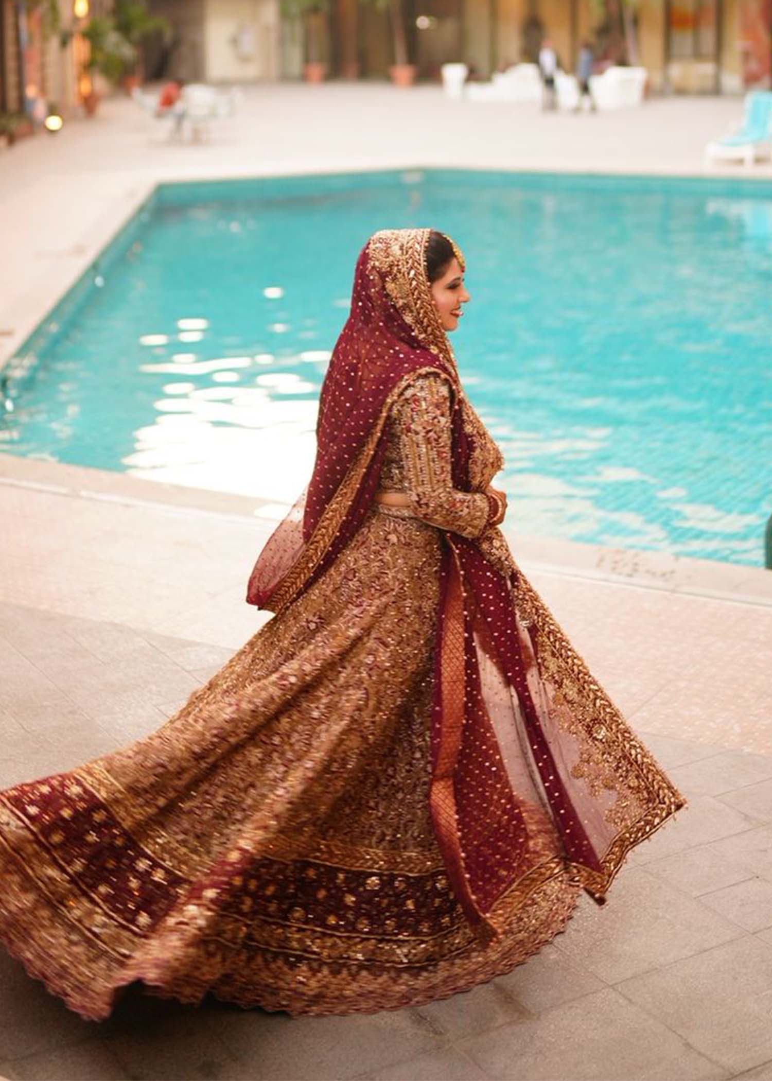 Pakistani Deep Maroon Zardozi Silk Blend Bridal Lehenga (3-Piece) - Image 5