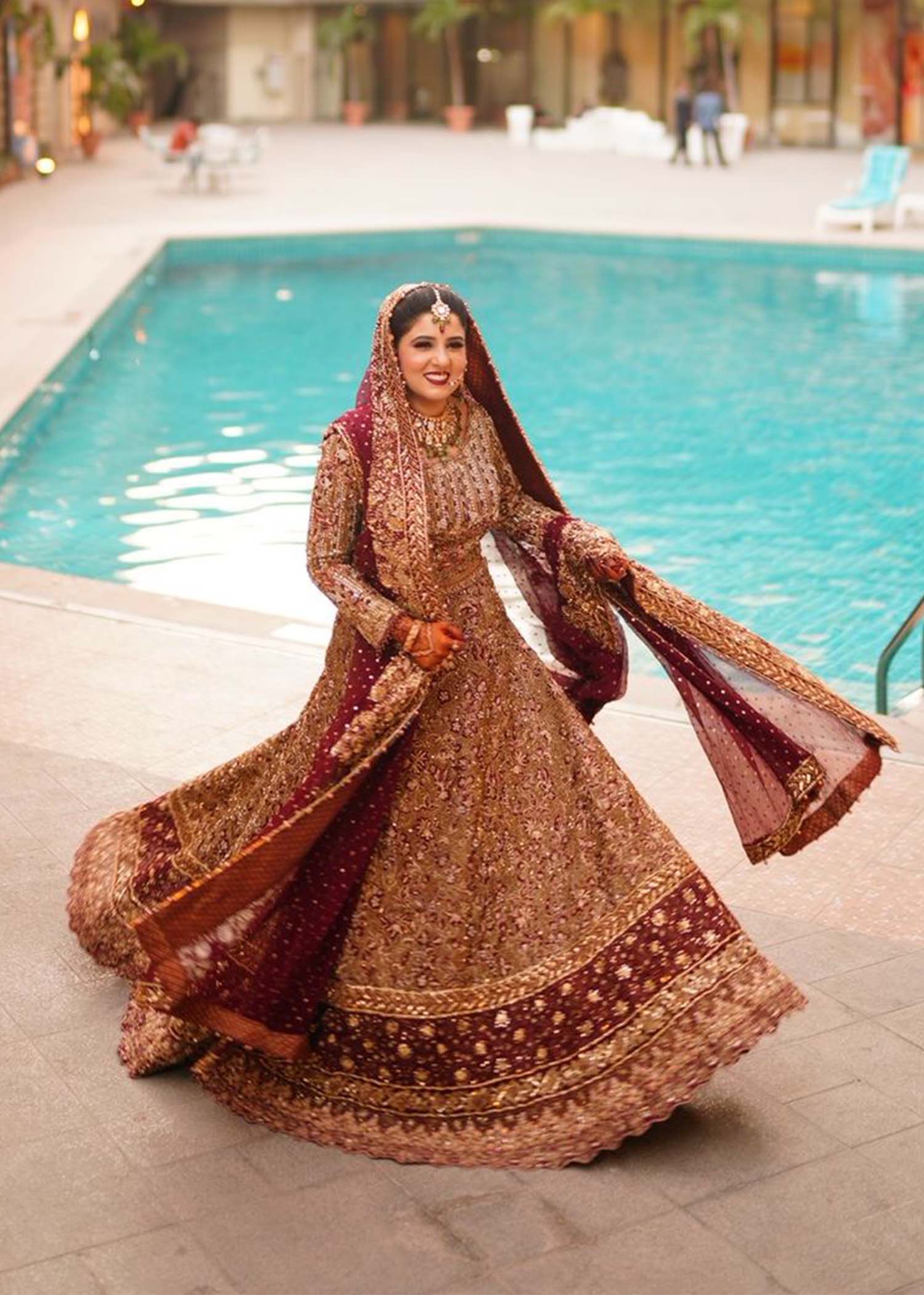 Pakistani Deep Maroon Zardozi Silk Blend Bridal Lehenga (3-Piece) - Image 6
