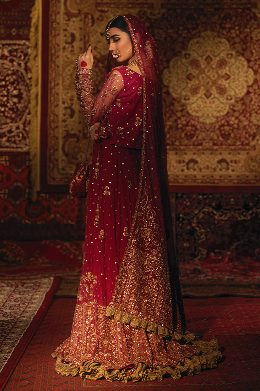 Pakistani Deep Crimson Maroon Zardozi Silk Blend Lehenga Choli (3-Piece) - Image 6