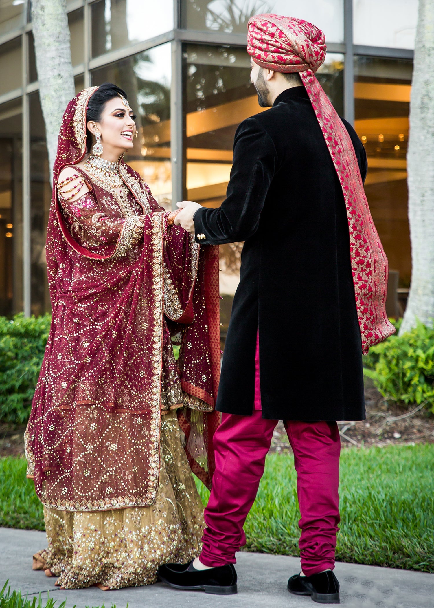 Pakistani Deep Maroon Gold Embroidered Silk Blend Bridal Lehenga (3-Piece) - Image 1