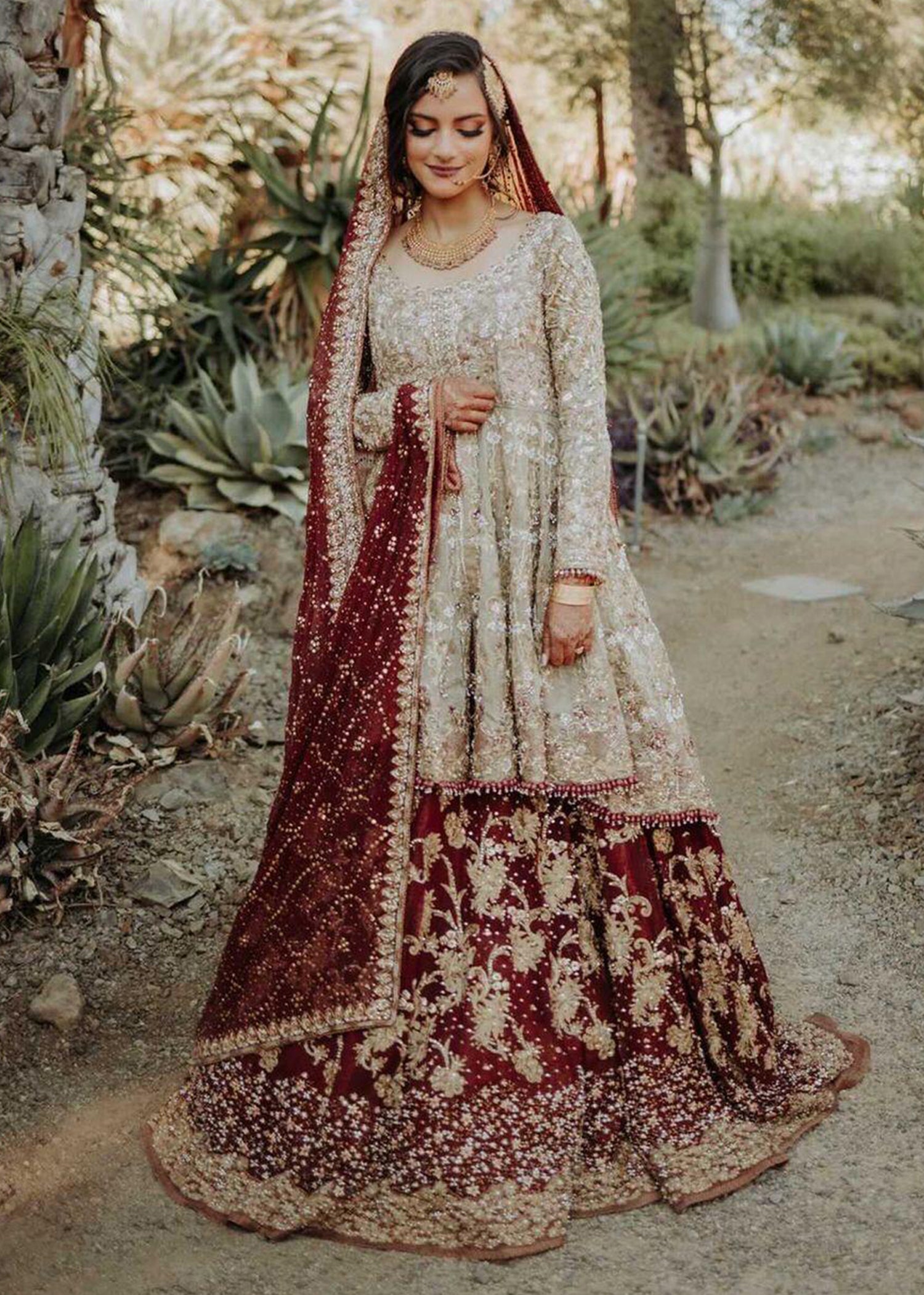 Deep Maroon Embellished Silk-Blend Bridal Lehenga (3-Piece) - Image 1