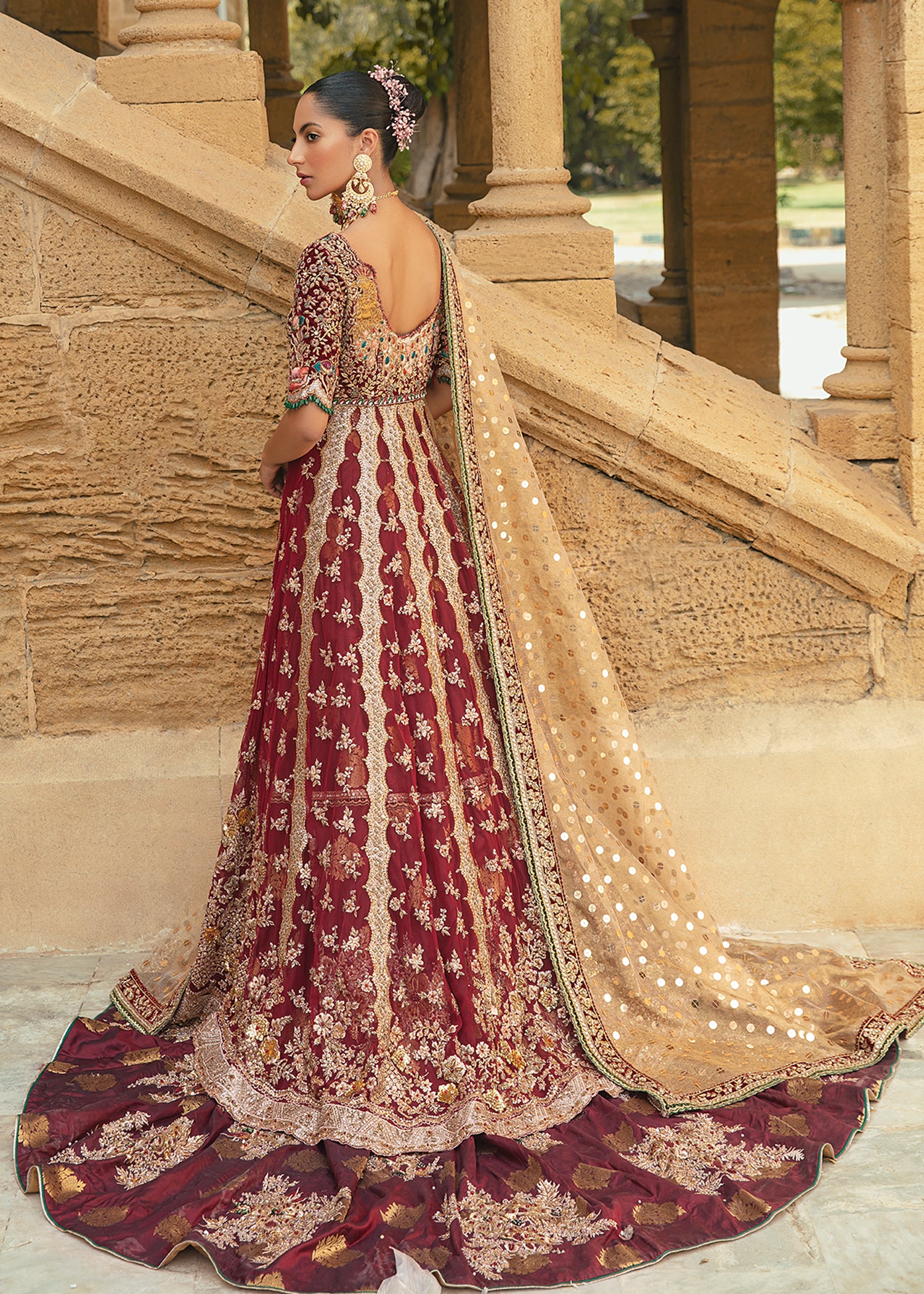 Pakistani Claret Maroon Embroidered Silk-Blend Bridal Lehenga (3-Piece) - Image 3