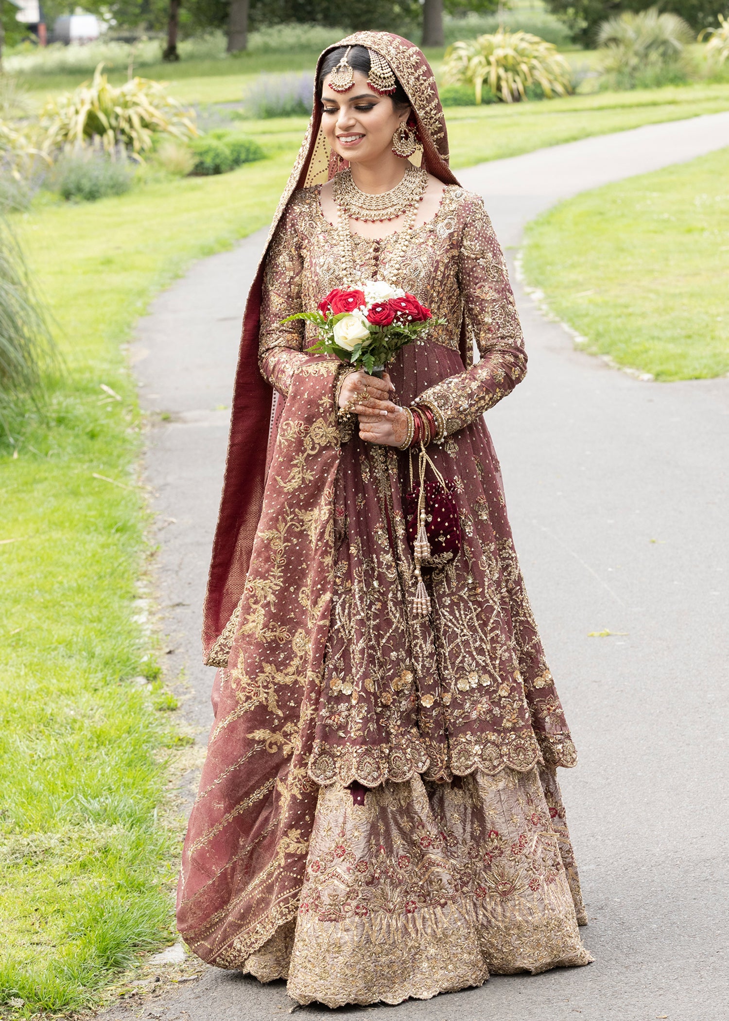 Pakistani Deep Maroon Embroidered Silk Bridal Lehenga (3-Piece) - Image 1