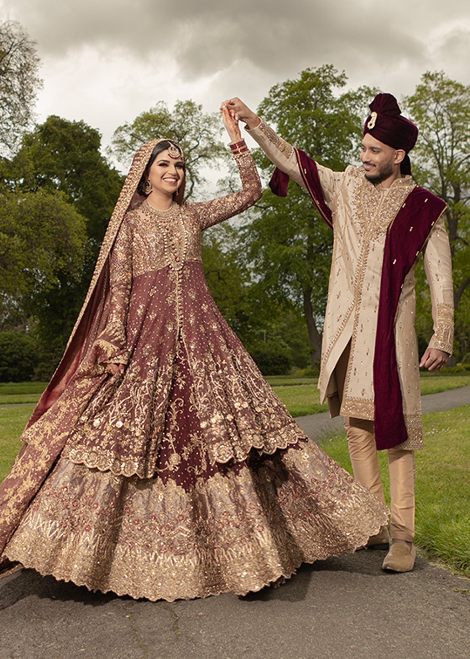 Pakistani Deep Maroon Embroidered Silk Bridal Lehenga (3-Piece) - Image 2