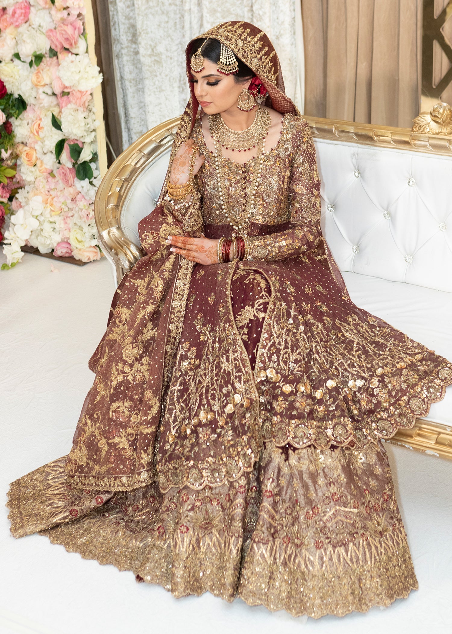 Pakistani Deep Maroon Embroidered Silk Bridal Lehenga (3-Piece) - Image 4