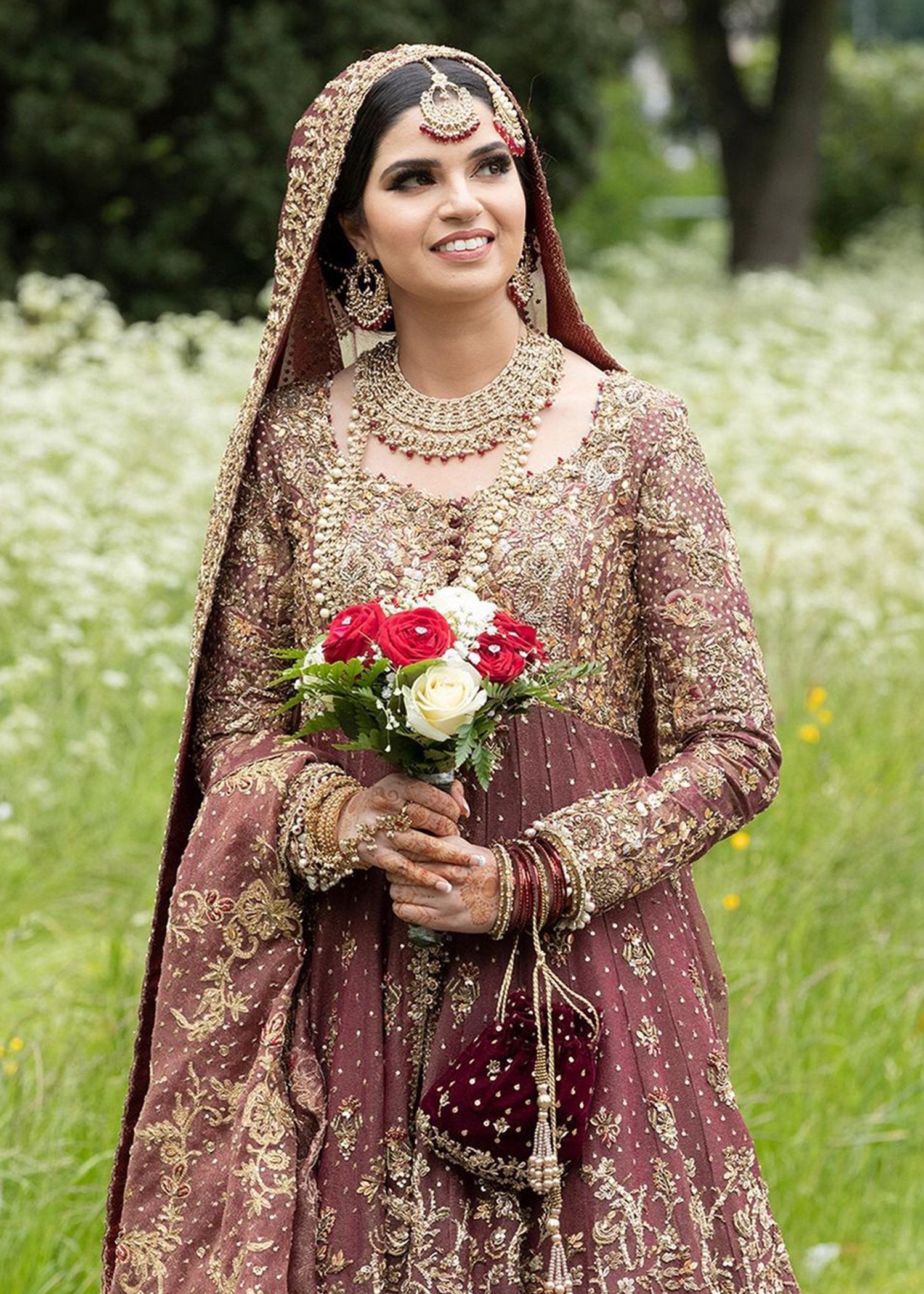 Pakistani Deep Maroon Embroidered Silk Bridal Lehenga (3-Piece) - Image 5