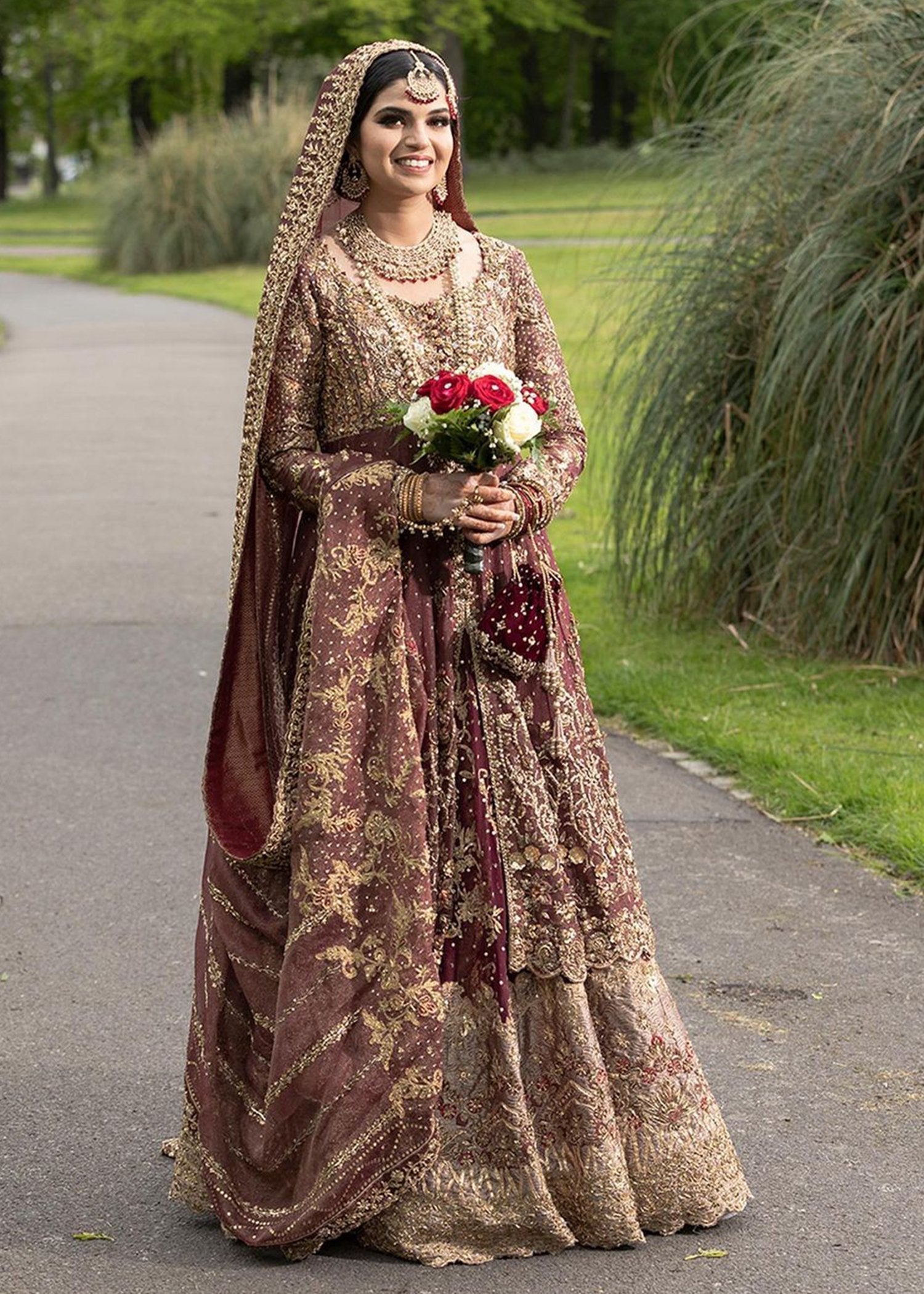 Pakistani Deep Maroon Embroidered Silk Bridal Lehenga (3-Piece) - Image 6