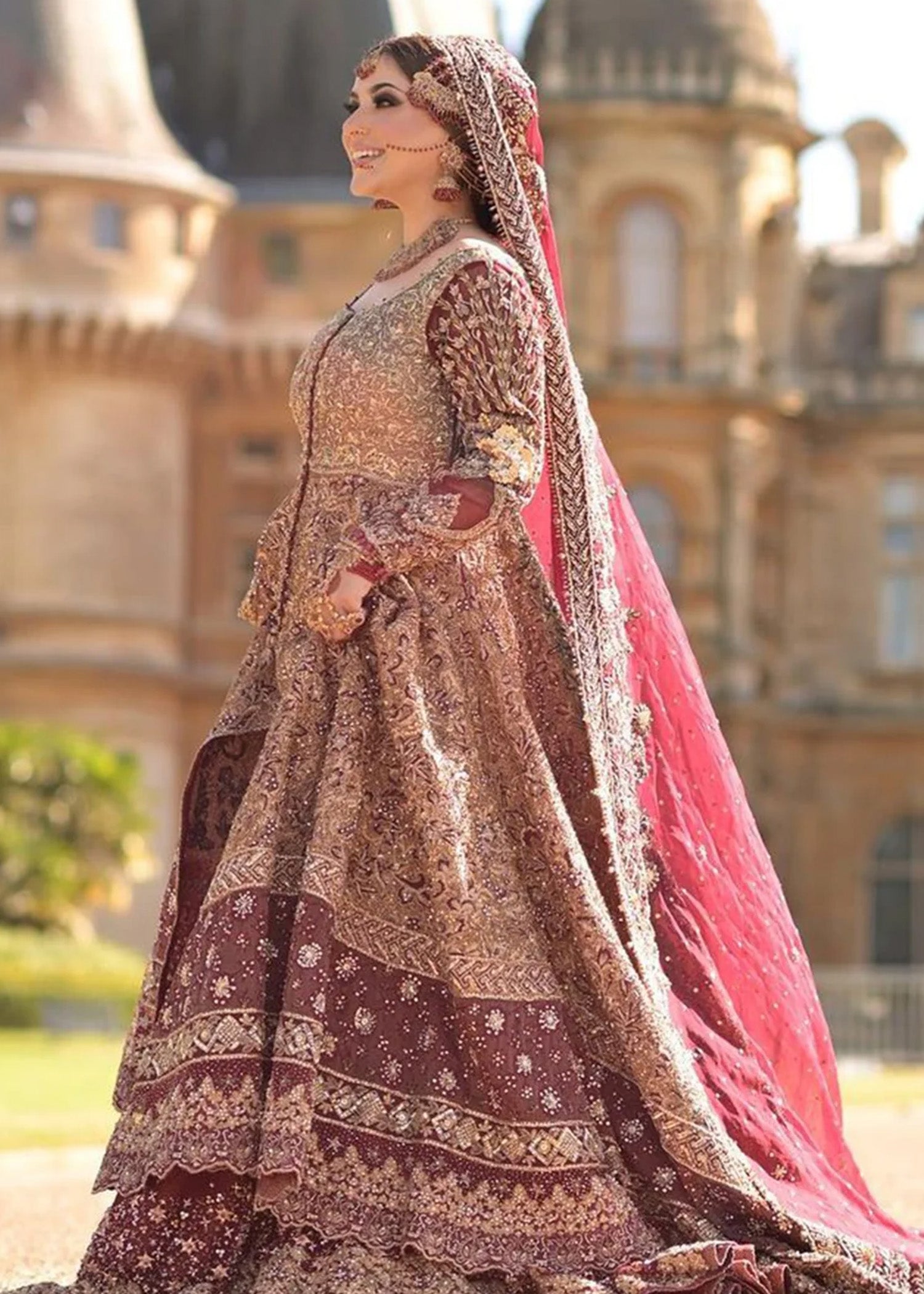 Deep Maroon Antique Gold Silk Bridal Lehenga (3-Piece) - Image 2