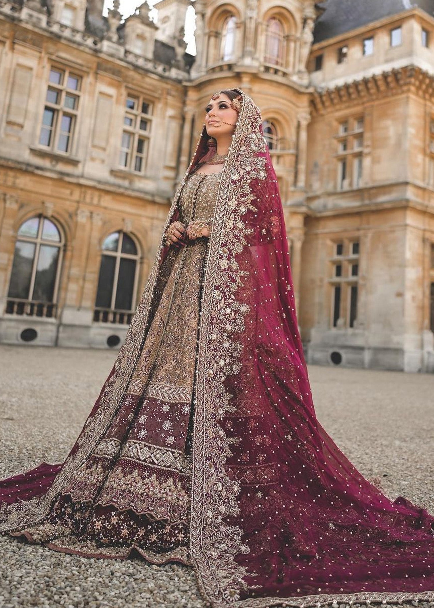 Deep Maroon Antique Gold Silk Bridal Lehenga (3-Piece) - Image 3