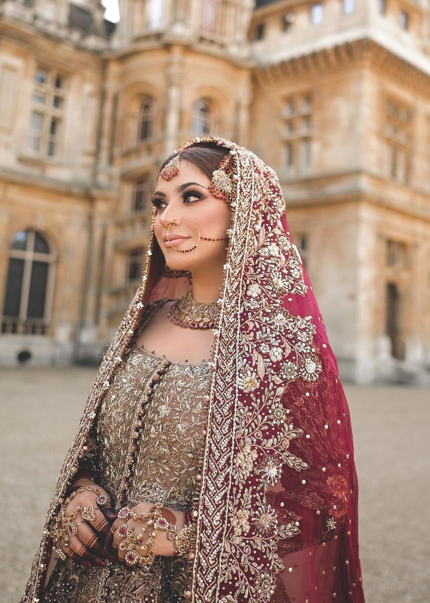 Deep Maroon Antique Gold Silk Bridal Lehenga (3-Piece) - Image 4