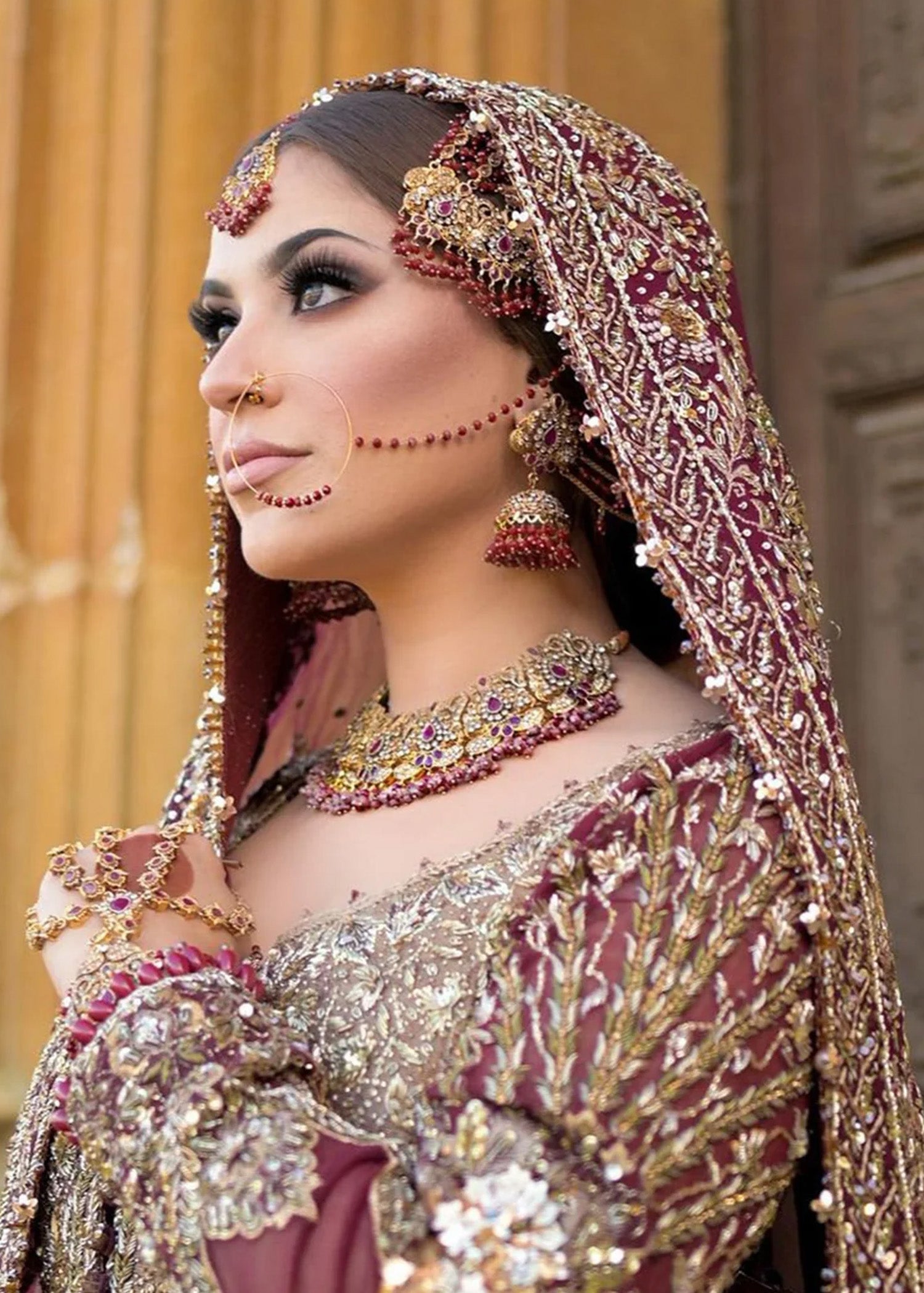 Deep Maroon Antique Gold Silk Bridal Lehenga (3-Piece) - Image 5