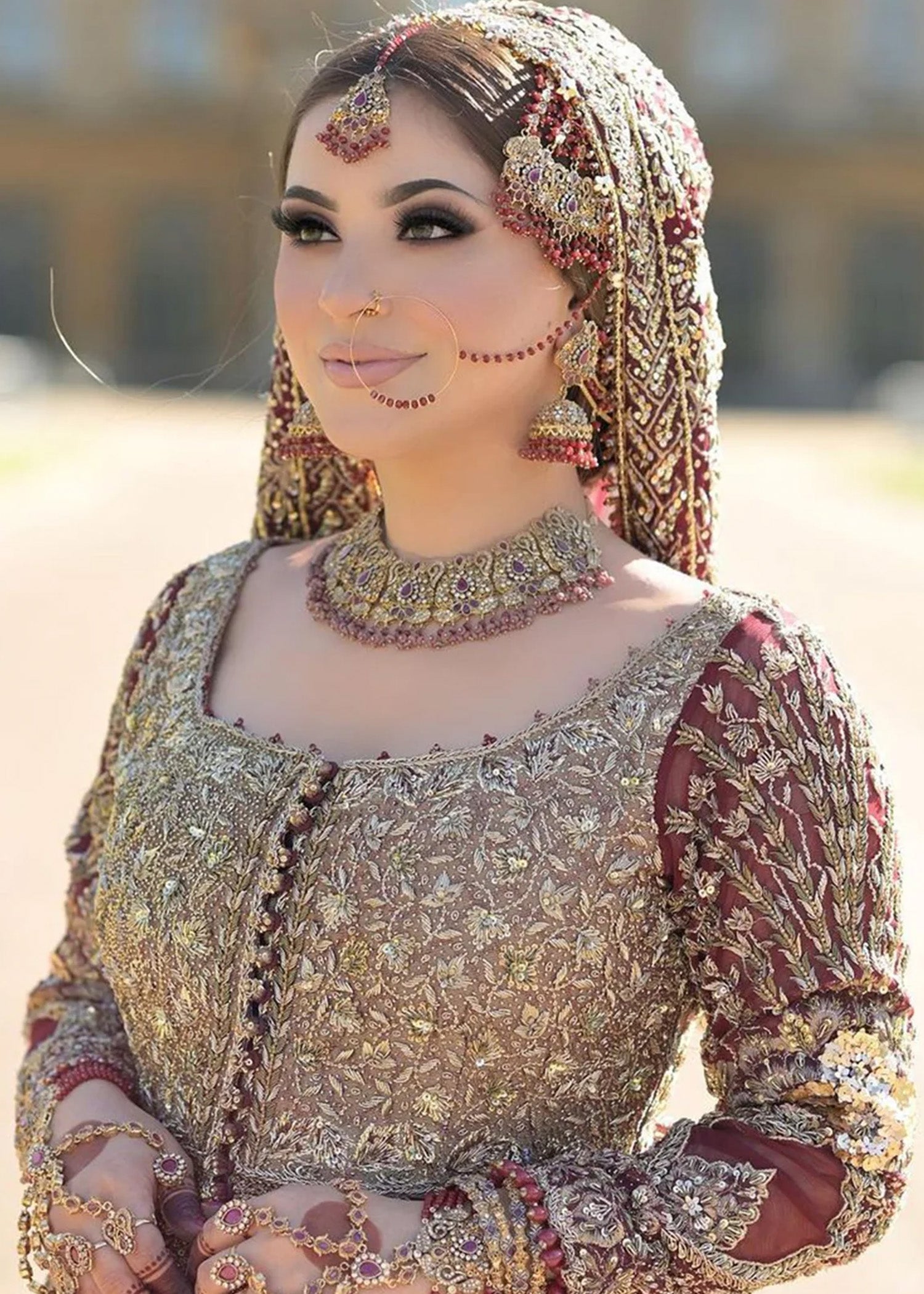 Deep Maroon Antique Gold Silk Bridal Lehenga (3-Piece) - Image 6