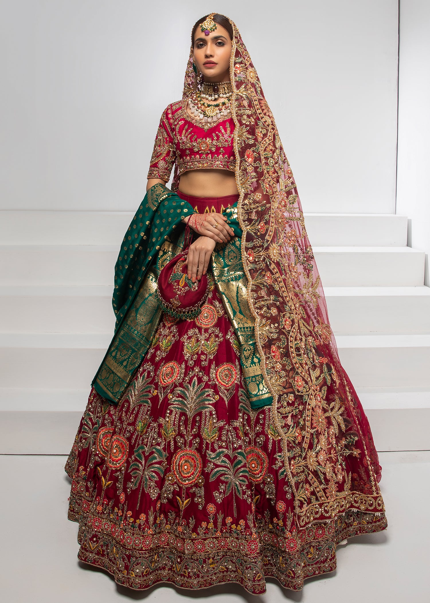 Pakistani Deep Maroon Embroidered Silk Lehenga (3-Piece) - Image 1