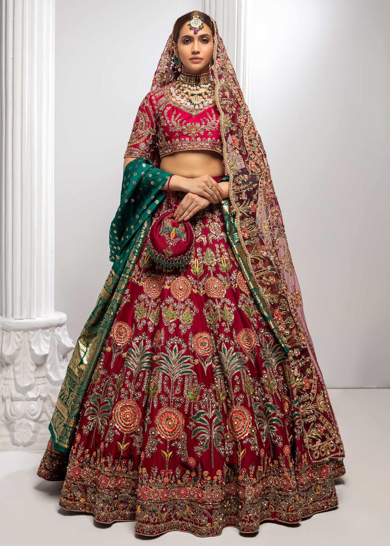 Pakistani Deep Maroon Embroidered Silk Lehenga (3-Piece) - Image 3