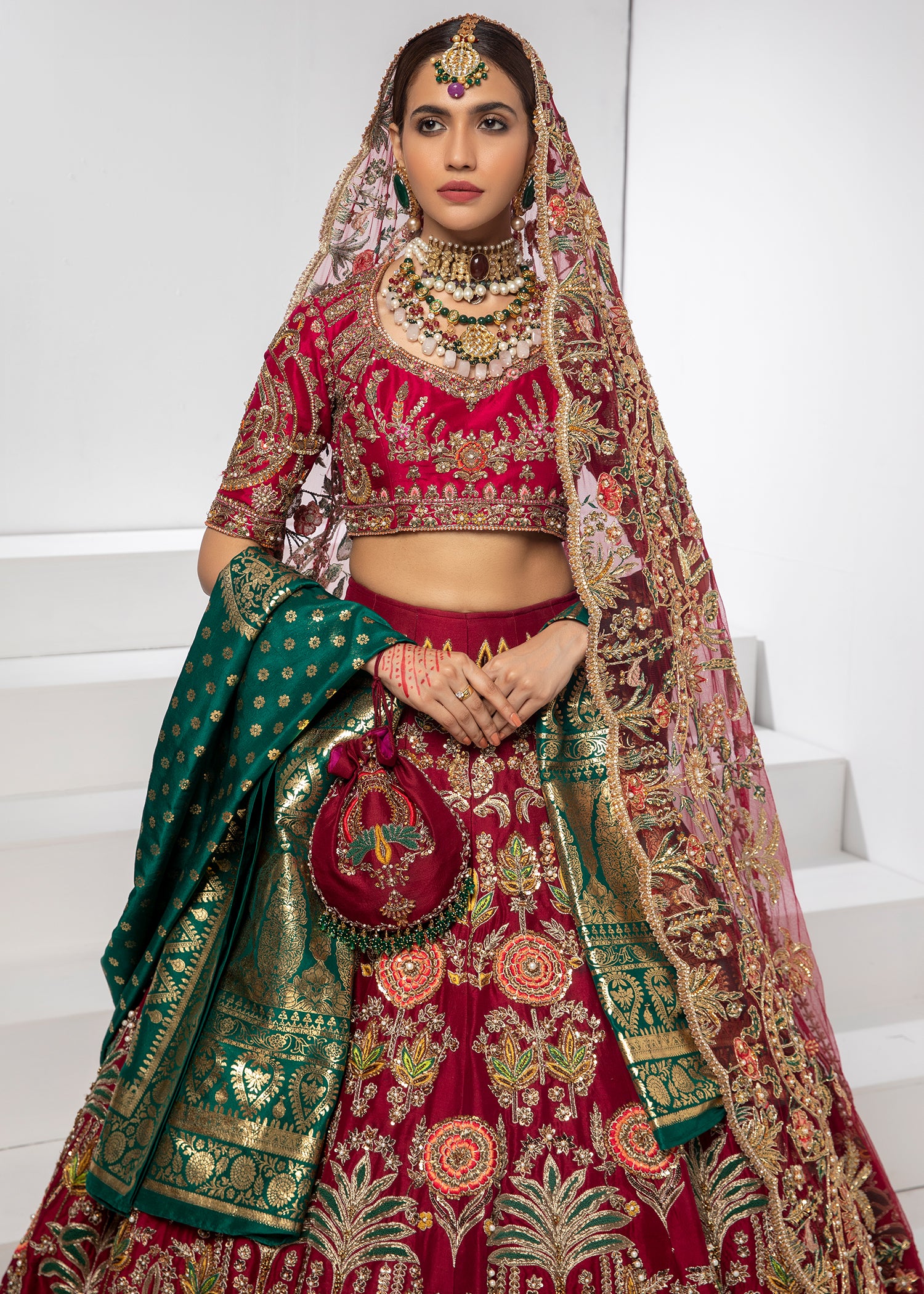 Pakistani Deep Maroon Embroidered Silk Lehenga (3-Piece) - Image 5