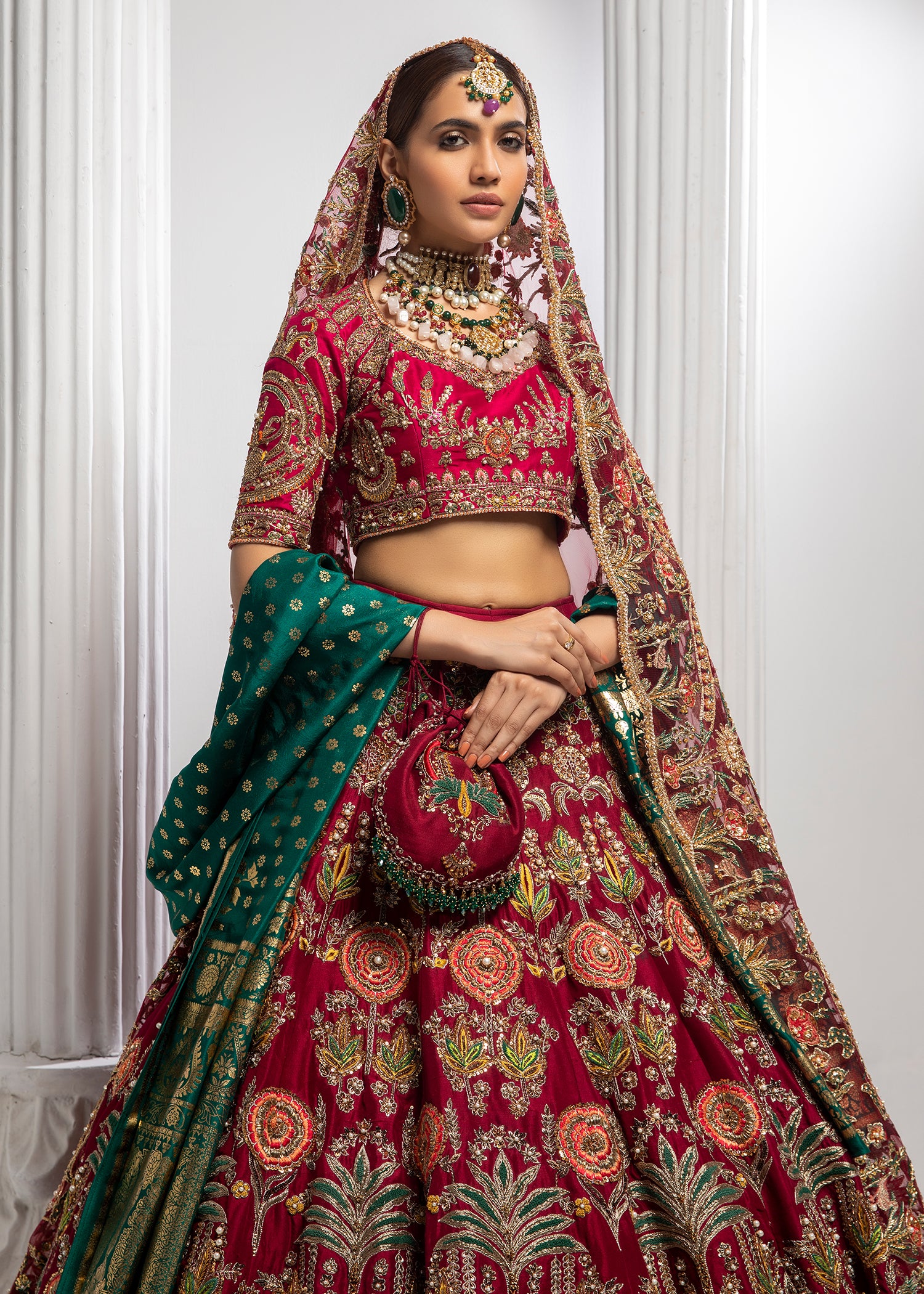 Pakistani Deep Maroon Embroidered Silk Lehenga (3-Piece) - Image 2