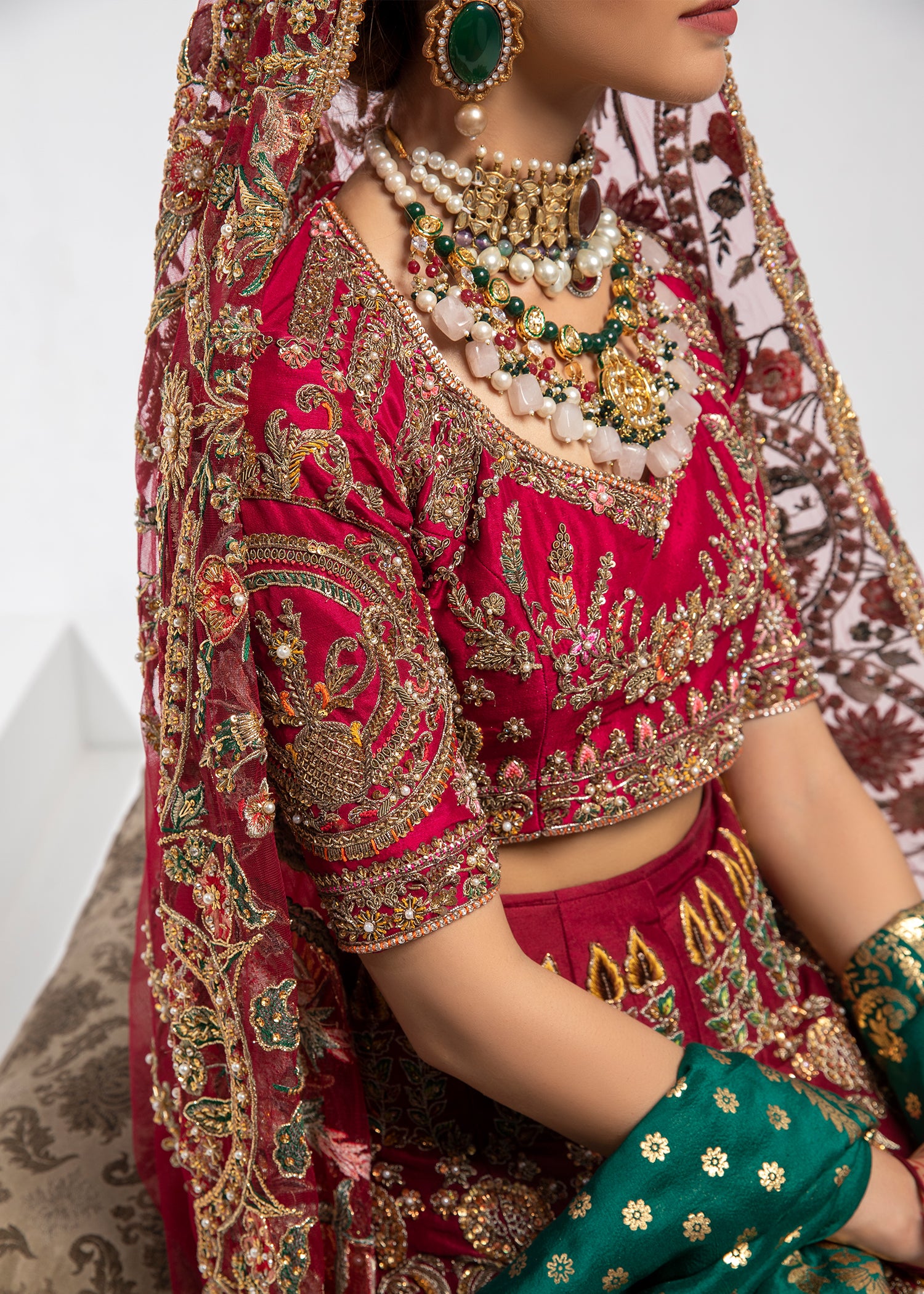 Pakistani Deep Maroon Embroidered Silk Lehenga (3-Piece) - Image 4