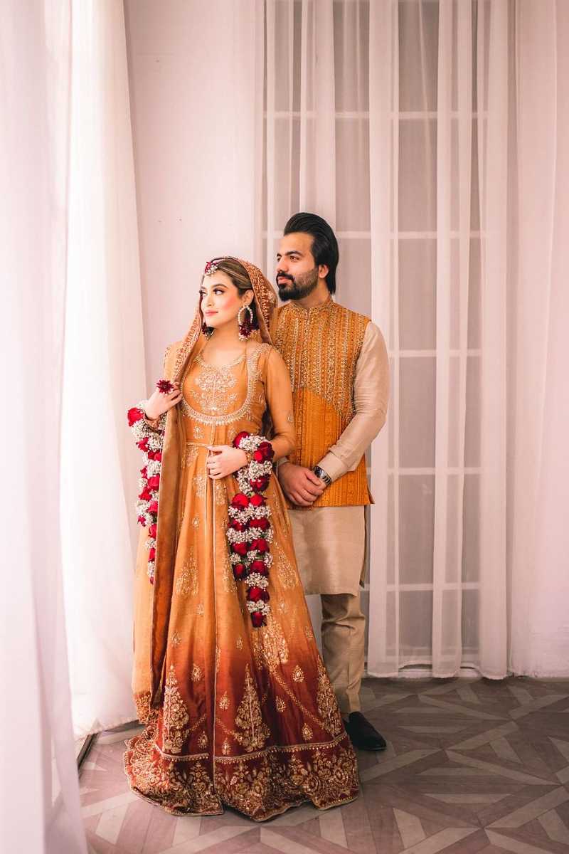 Amber and Maroon Embroidered Silk Bridal Lehenga (3-Piece) - Image 1