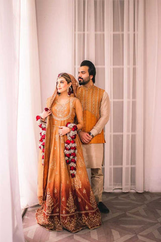 Amber and Maroon Embroidered Silk Bridal Lehenga (3-Piece) - Image 2