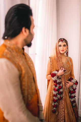 Amber and Maroon Embroidered Silk Bridal Lehenga (3-Piece) - Image 3