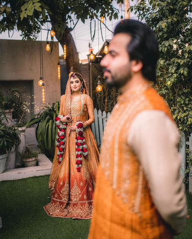 Amber and Maroon Embroidered Silk Bridal Lehenga (3-Piece) - Image 4