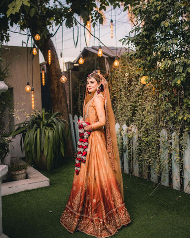 Amber and Maroon Embroidered Silk Bridal Lehenga (3-Piece) - Image 6