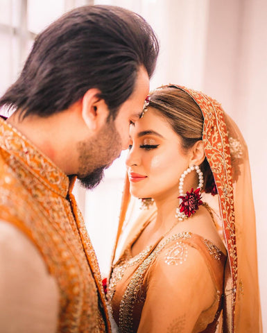 Amber and Maroon Embroidered Silk Bridal Lehenga (3-Piece) - Image 7