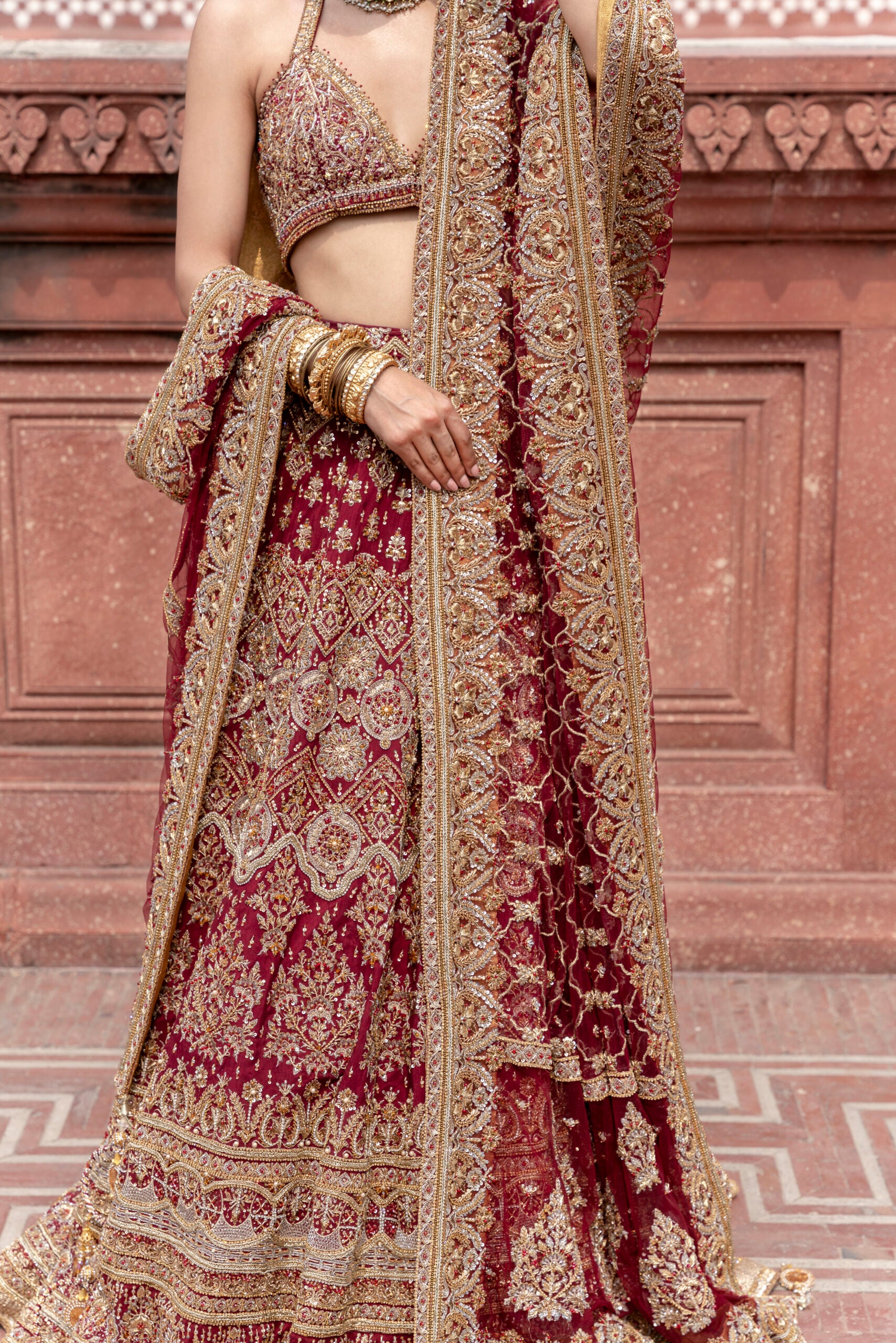 Maroon Embellished Silk Lehenga Choli (3-Piece) - Image 4