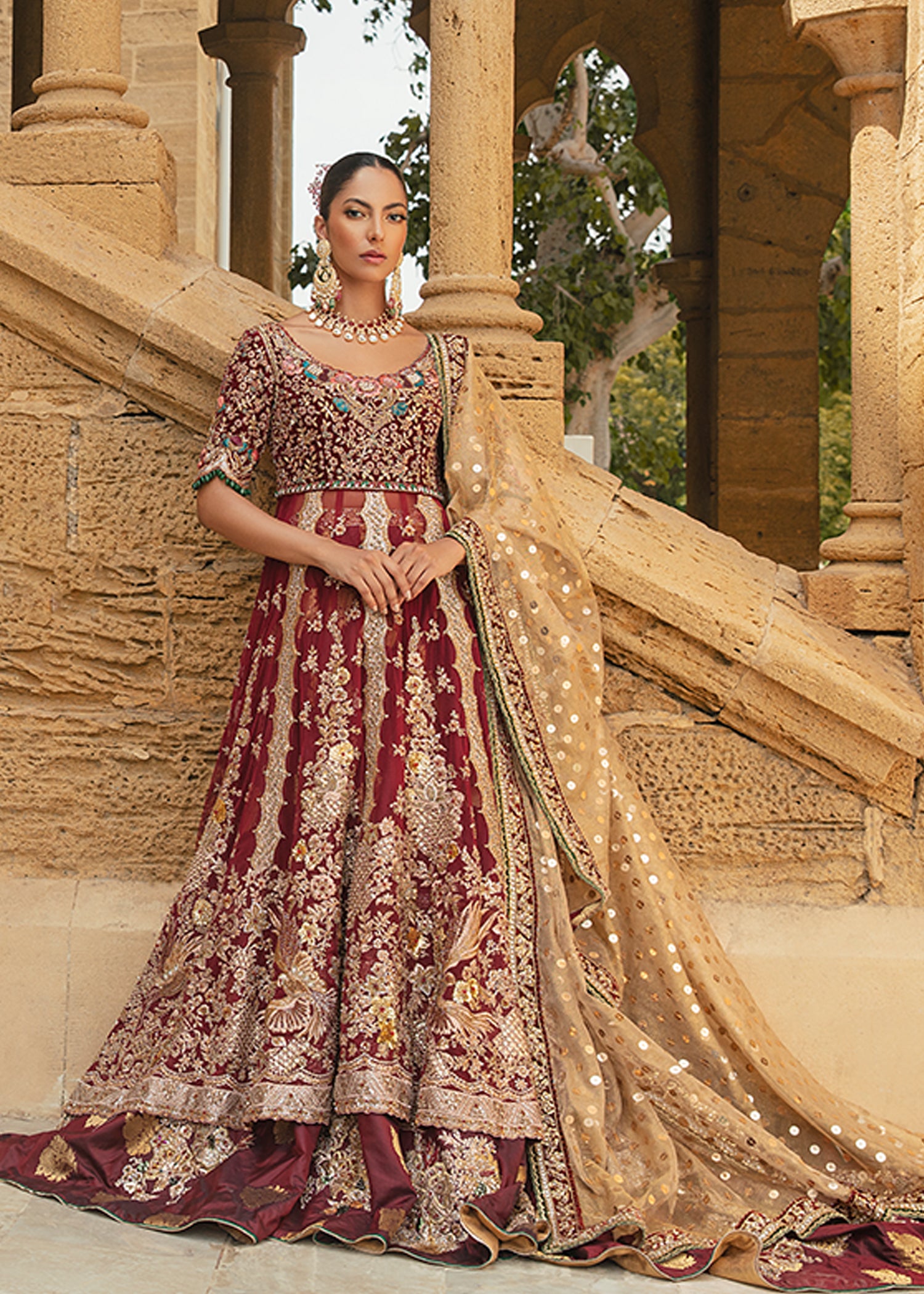 Pakistani Claret Maroon Embroidered Silk Bridal Lehenga (3-Piece) - Image 1