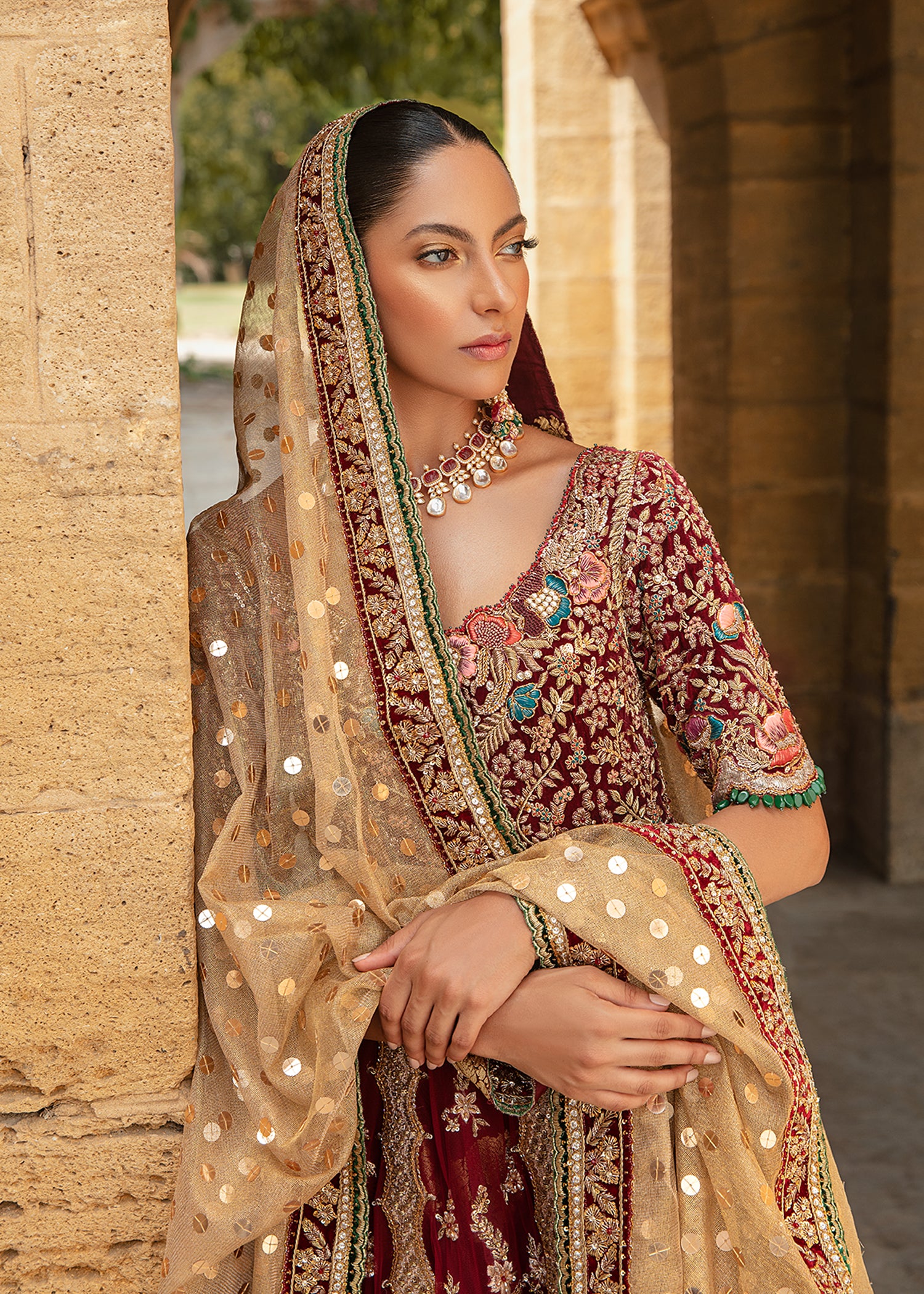 Pakistani Claret Maroon Embroidered Silk Bridal Lehenga (3-Piece) - Image 2