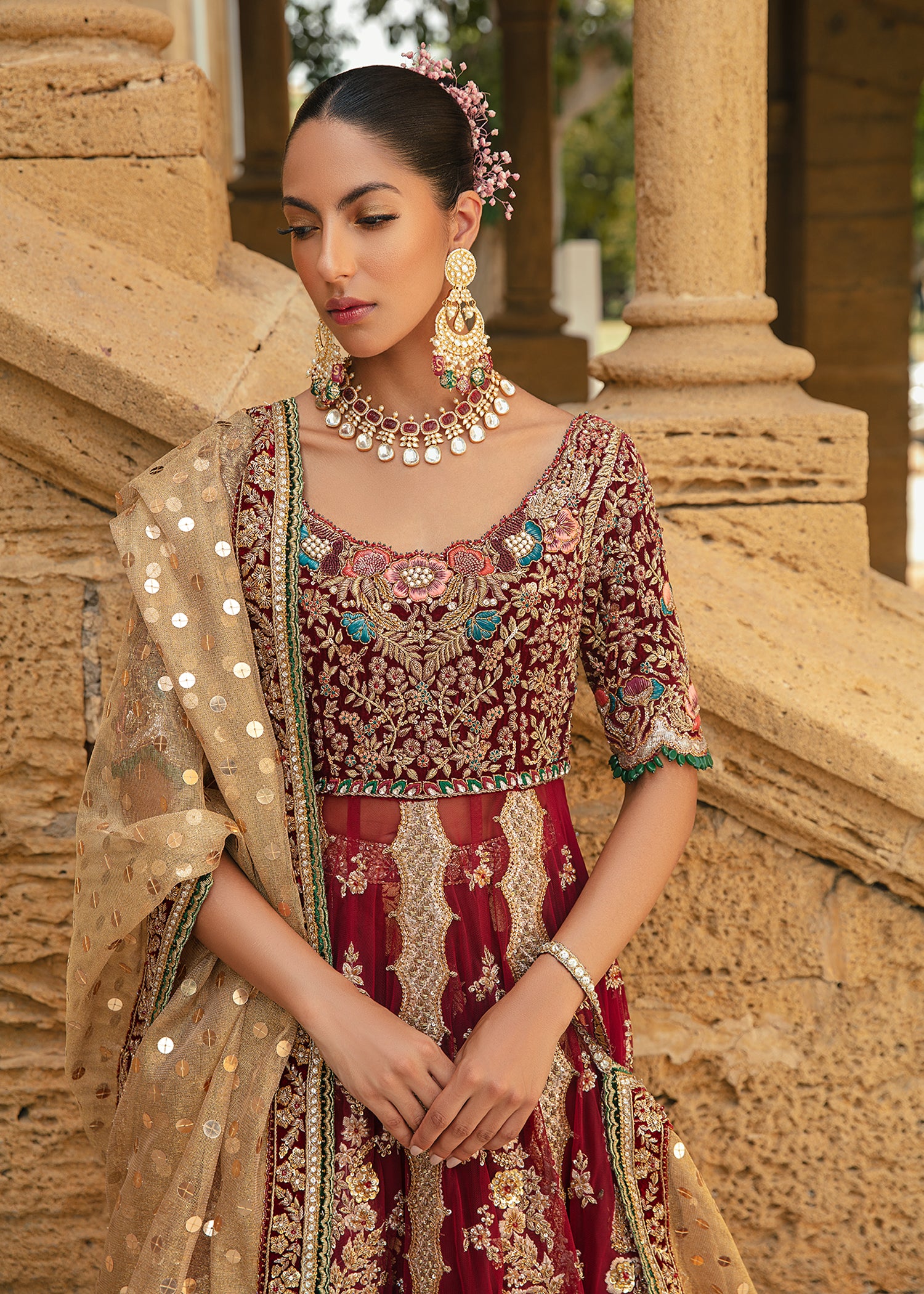 Pakistani Claret Maroon Embroidered Silk Bridal Lehenga (3-Piece) - Image 4